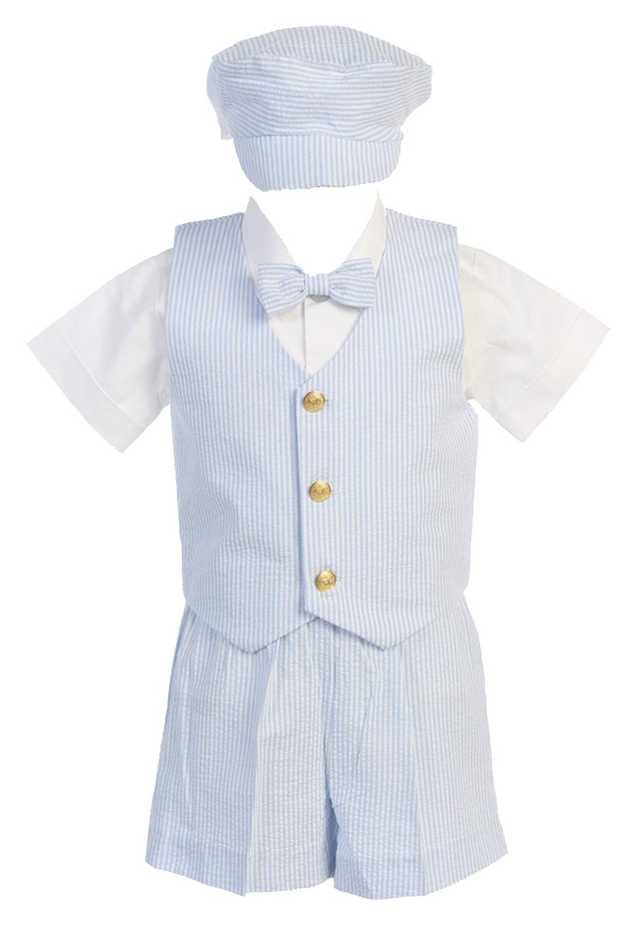 5-Piece Boys' Easter & Spring Outfit - Striped Cotton Seersucker Vest, Shorts & Hat Set | Casual Wear, Holiday Photos, Church Events, Family Gatherings