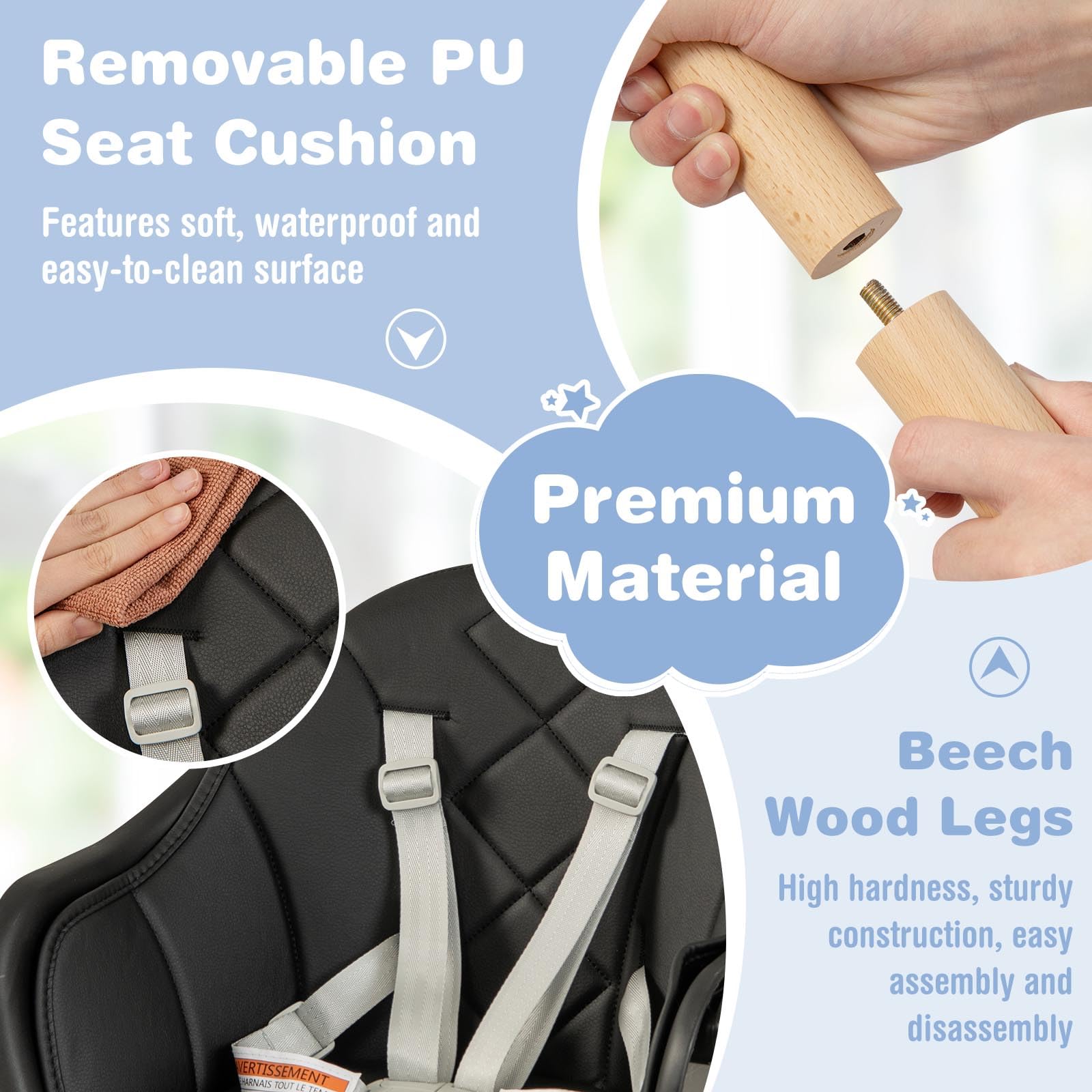 BABY JOY 6-in-1 Convertible Wooden High Chair for Babies & Toddlers - Adjustable Height, Removable Dual Trays, Safety Harness & Waterproof PU Cushion - Perfect for Dining, Feeding & Playtime (Black)