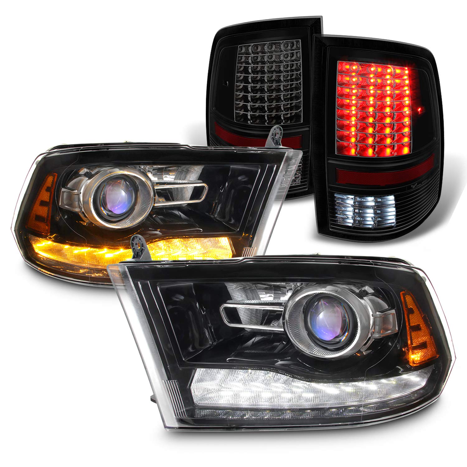 AKKON LED Headlights & Taillights for 2009-2018 Dodge Ram - Switchback DRL Projector Headlight Housing with Smoke Black Taillights - Upgrade for Better Visibility & Style | Perfect for Night Driving & Custom Truck Modifications