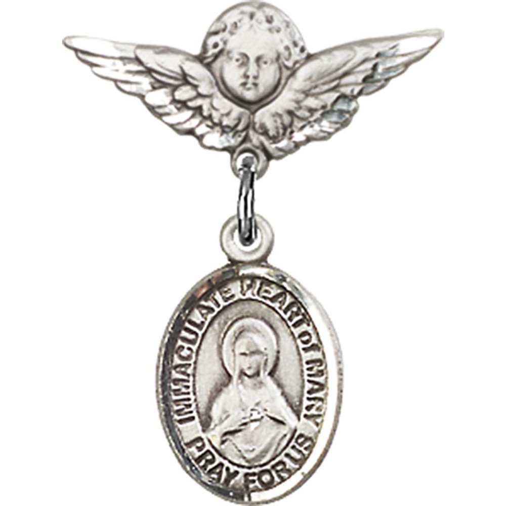 925 Sterling Silver Baby Badge with Immaculate Heart of Mary Charm & Angel Wing Pin - 7/8