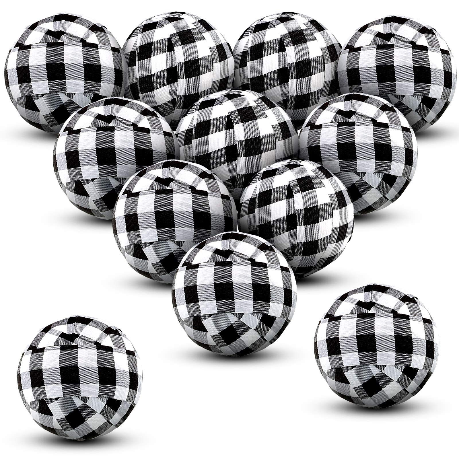 12-Piece Buffalo Check Ball Ornaments - 2 Inch Black & White Plaid Fabric Wrapped Christmas Decor for Tree, Bowl Fillers, Holiday Home Decoration | Perfect for Xmas Party, Mantel Display & Festive Tablescapes