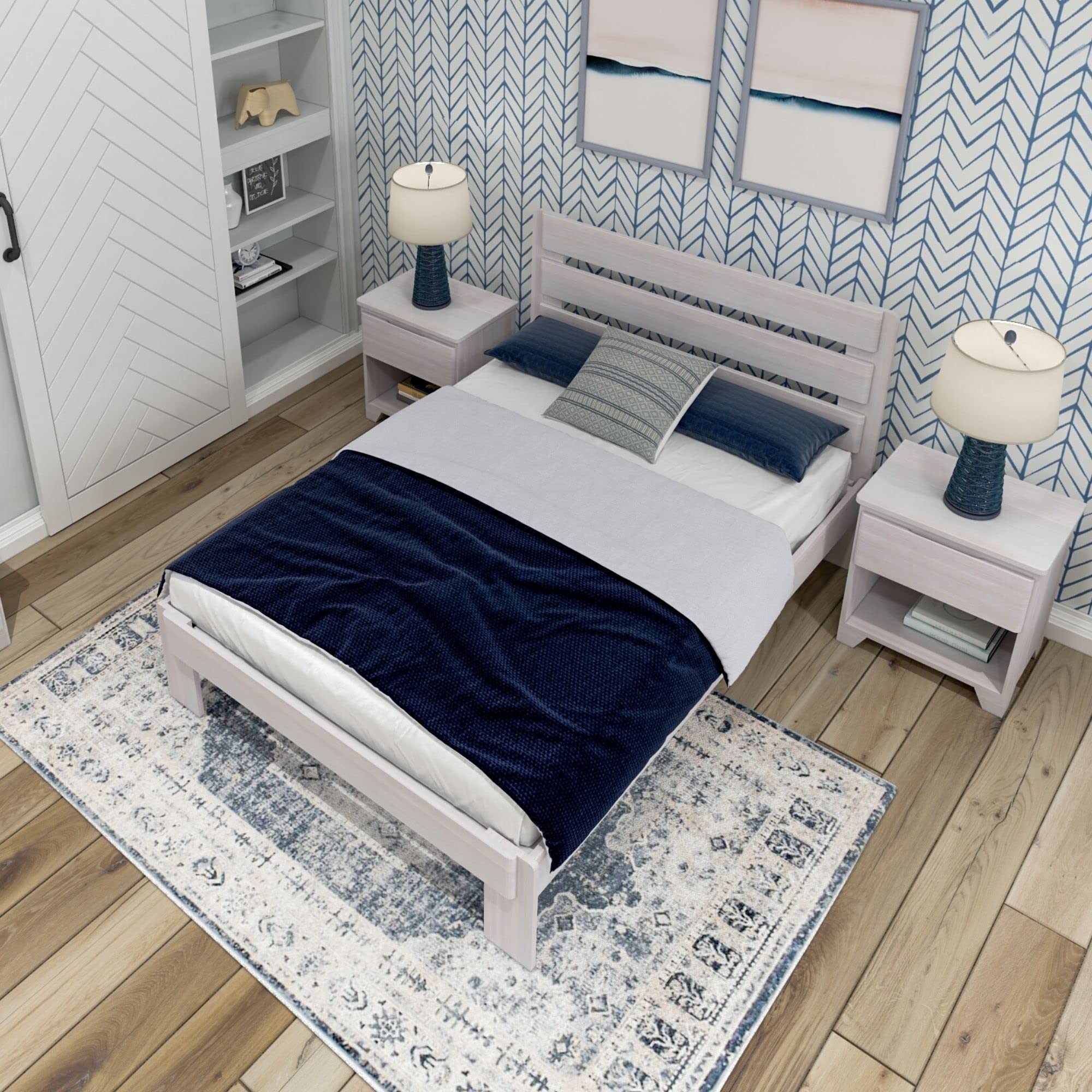 Rustic White Wash Wood Full Bed Frame with Headboard - Solid Platform Bed with Slatted Support for Bedroom, Guest Room & Dormitory