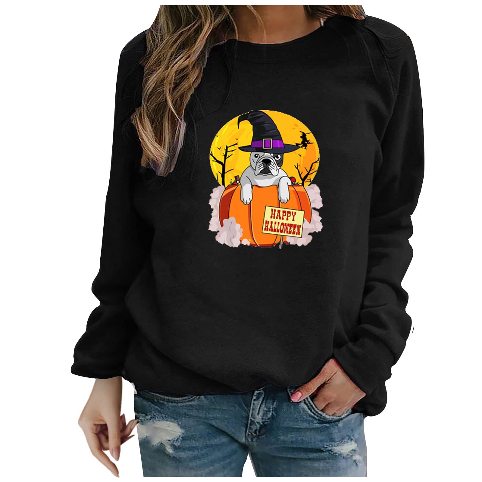HAOREEKZ Halloween Costumes for Adults - Women's Fashion Loose Printed Round Neck Long Sleeve Sweatshirt Top | Perfect for Halloween Parties, Cosplay & Themed Events