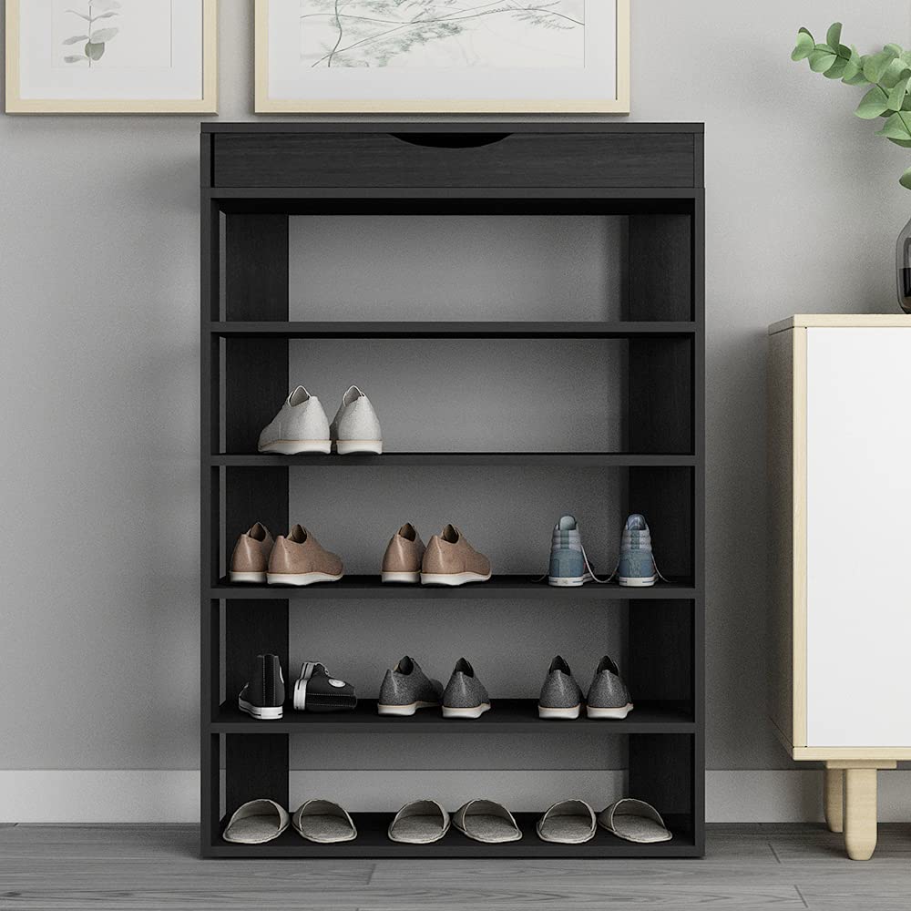 5-Tier Wooden Shoe Rack with Storage Cabinet - 29.5 Inch Vertical Free Standing Shoe Organizer for Entryway, Living Room, Hallway | Space Saving Shoe Shelf for Small Spaces | Sturdy Shoe Storage Cabinet for Home & Apartment (Black)