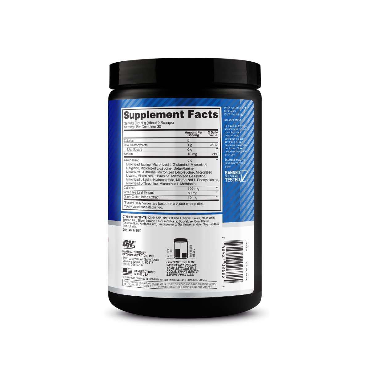 Optimum Nutrition Amino Energy Pre Workout Powder - Green Tea & BCAA Amino Acids Supplement, Keto Friendly with Green Coffee Extract, Blue Raspberry Flavor (30 Servings) - Boost Energy for Workouts, Gym & Fitness Training