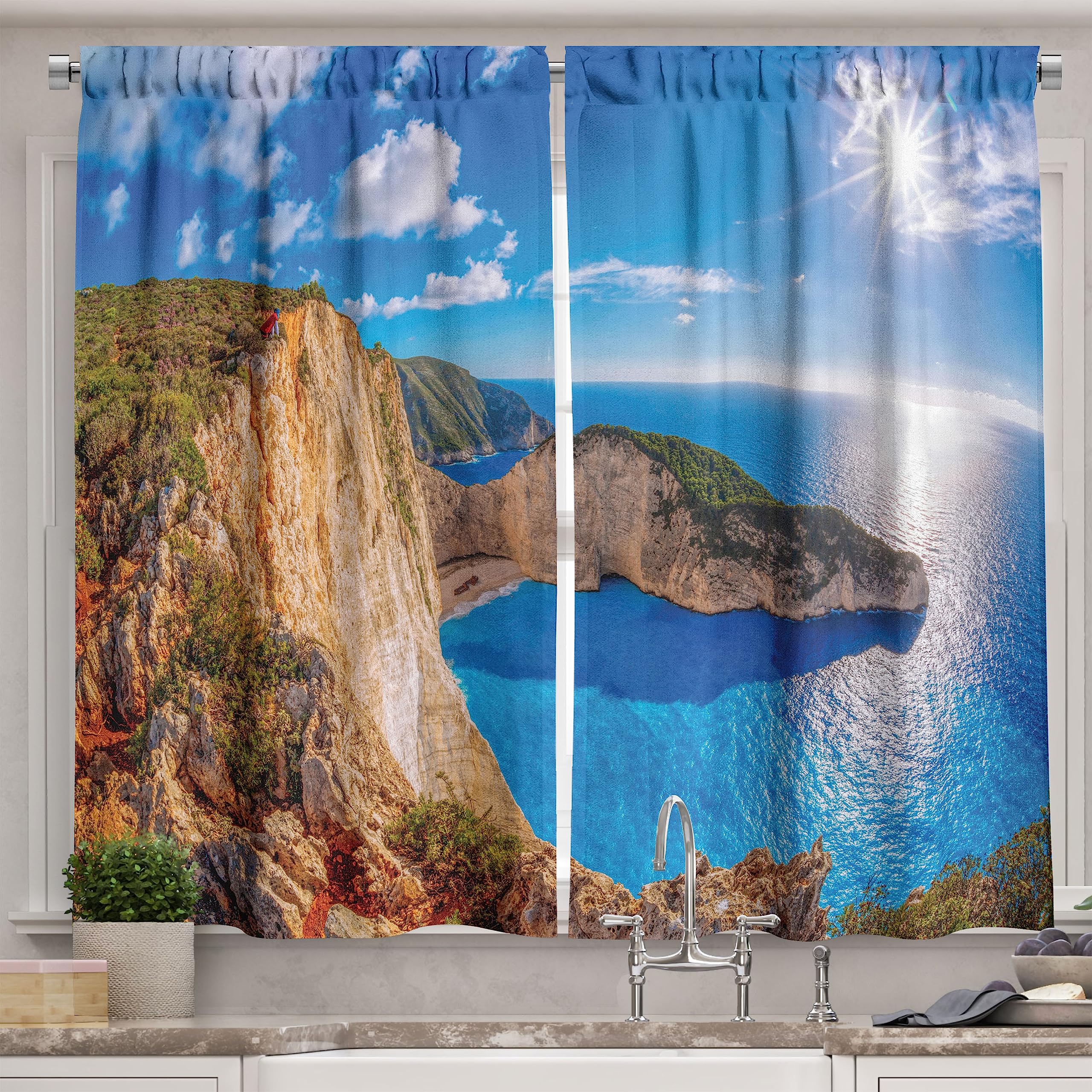 Ambesonne Greece Kitchen Curtains - Vivid Navagio Beach Sunrise Zakynthos Island Print, 2 Panel Window Drapes for Kitchen & Cafe Decor, 55