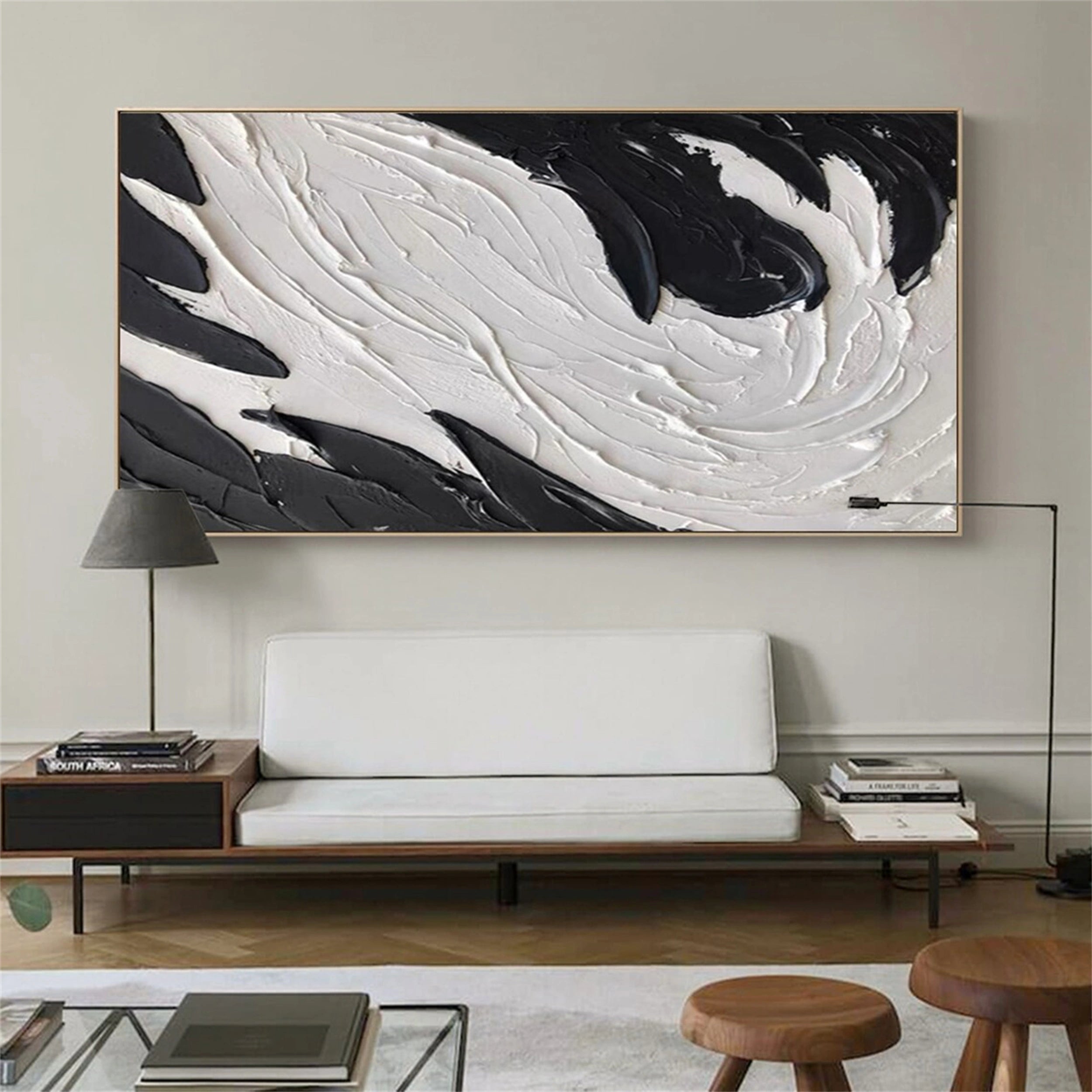 Modern White & Black Abstract Textured Canvas Wall Art - Large Contemporary Home Decor for Living Room, Bedroom, Office | Framed Ready to Hang Painting #MM133