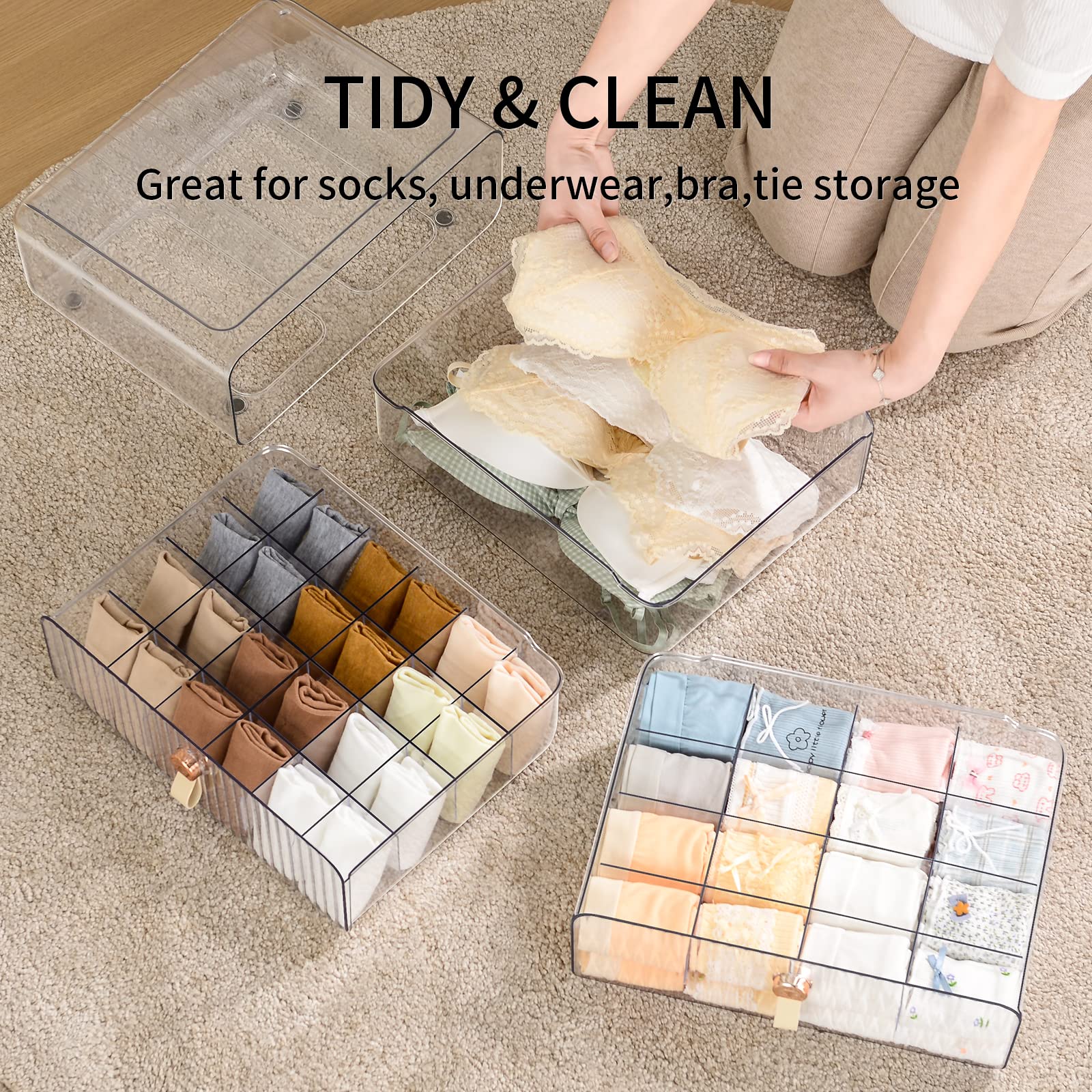 16-Cell Stackable Drawer Organizer for Socks, Underwear, Baby Clothes, Bras, Ties & Belts - Plastic Closet Dividers for Bedroom, Nursery & Travel Storage