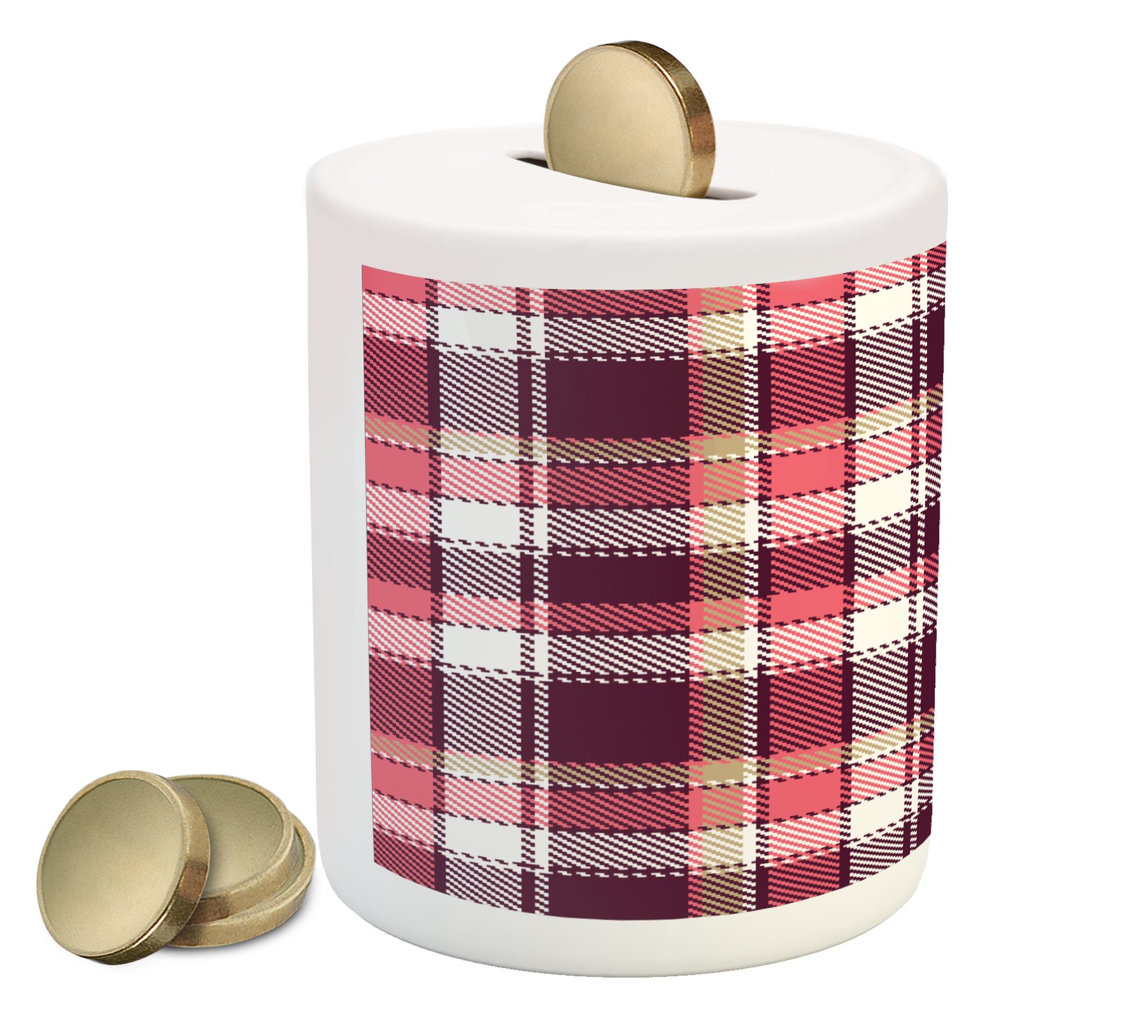 Ambesonne Ceramic Piggy Bank - Vintage Checkered Plaid Design in Pink, Maroon & White | Old Fashioned Coin Bank for Cash Saving | Perfect Gift for Kids, Collectors & Home Decor
