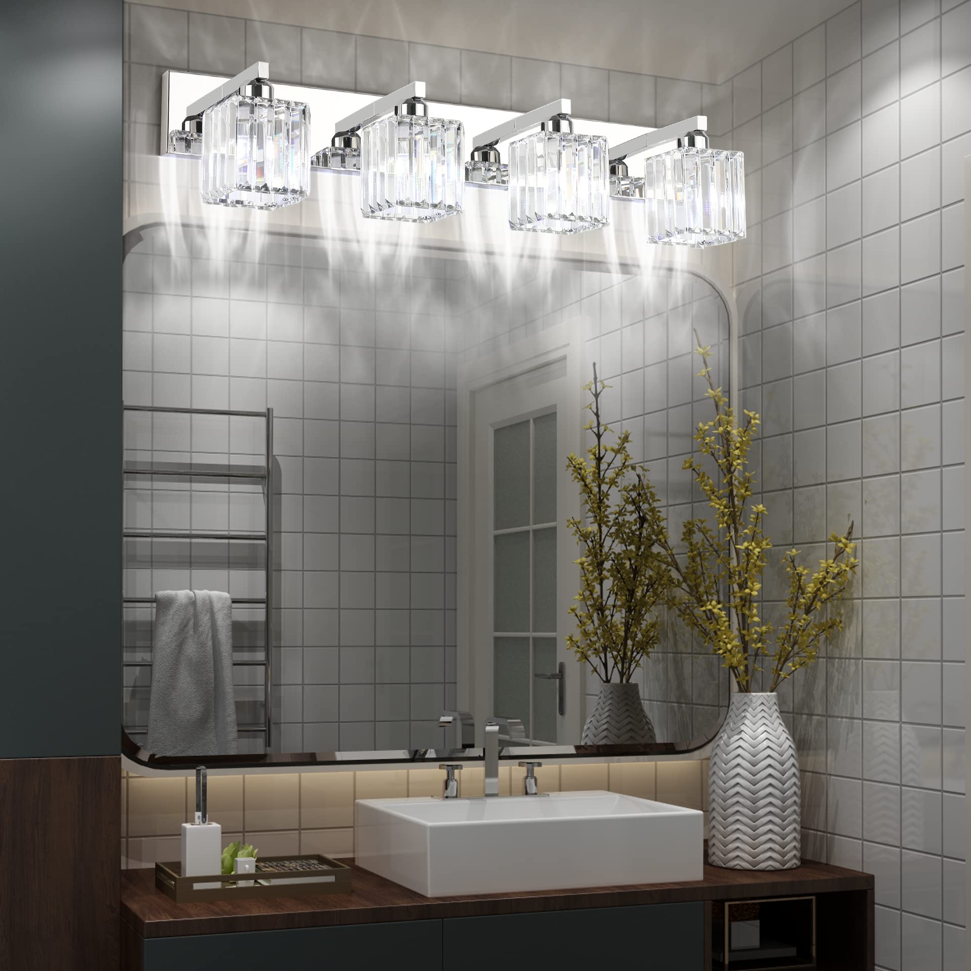 **Aipsun Modern Crystal Bathroom Vanity Light Fixture - 4-Light Chrome Vanity Lighting for Bathroom (Bulbs Not Included) - Perfect for Home, Hotel, and Spa Decor**