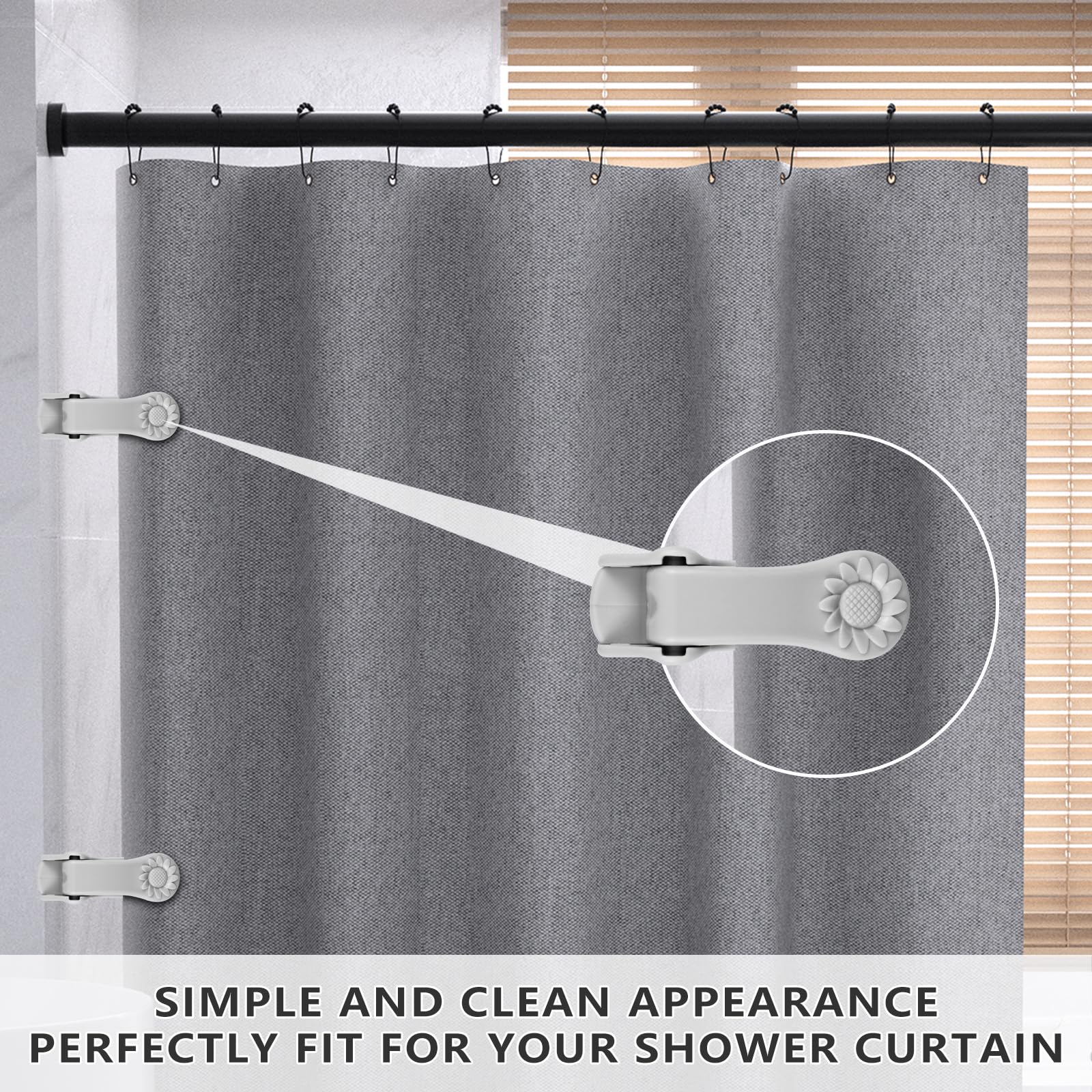 8 Pack Windproof Shower Curtain Clips with Nano Double Sided Tape - Heavy Duty Shower Splash Guard for Bathroom, Gray - Prevent Water Leaks for Tubs, Showers & Bathroom Walls