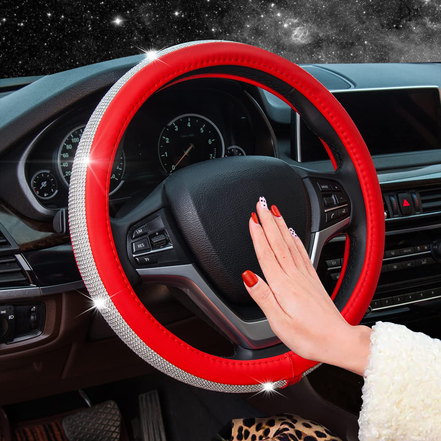 Diamond Leather Steering Wheel Cover with Crystal Rhinestones - Universal 15 Inch Fit for Cars, SUVs & Trucks | Luxury Car Accessory for Women & Girls (Red) - Perfect for Daily Commute & Road Trips