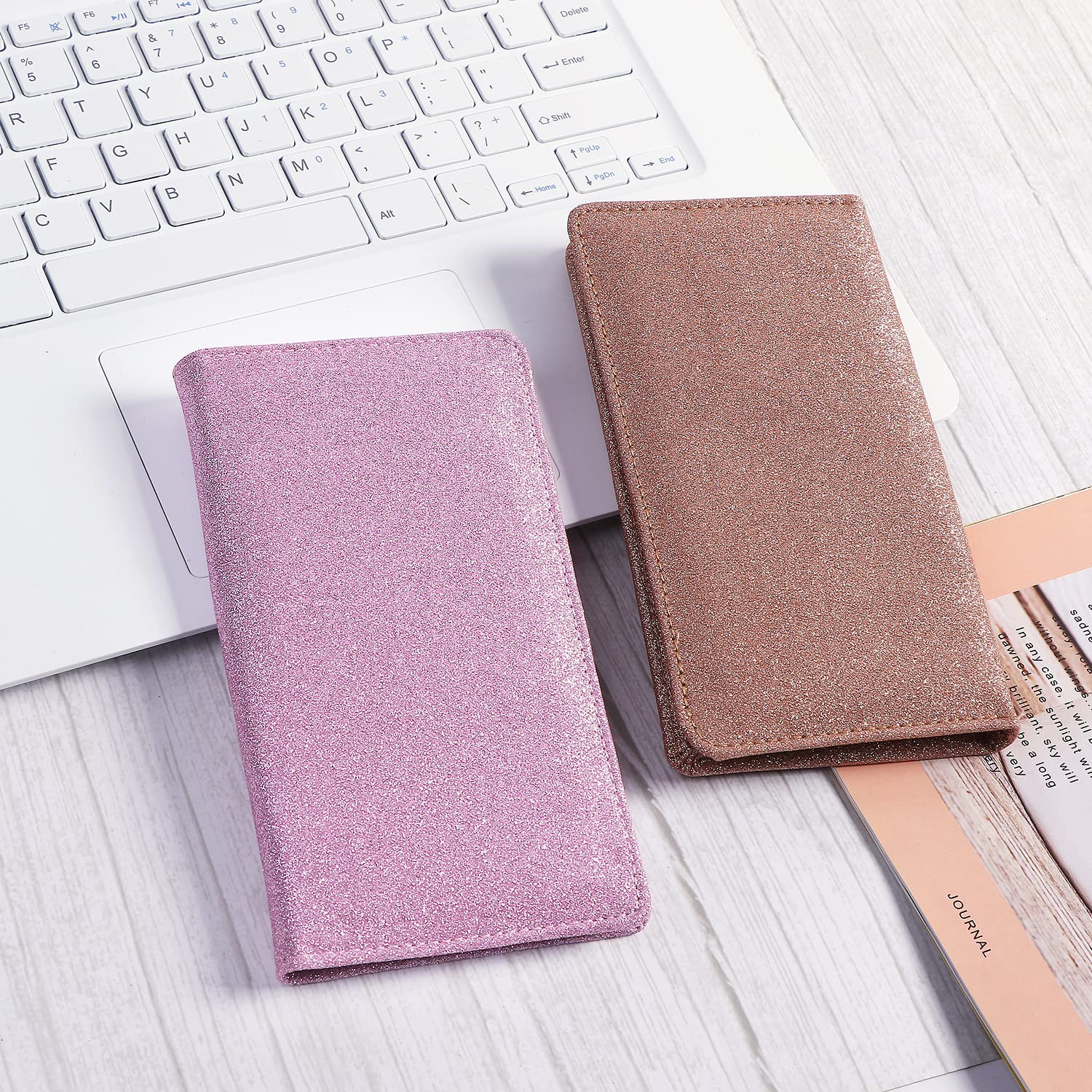 Sanlykate RFID Blocking PU Leather Checkbook Cover for Women - Sparkly Glitter Design with Pen Holder & Free Divider, Pink | Perfect for Gift Giving, Office Use & Financial Organization