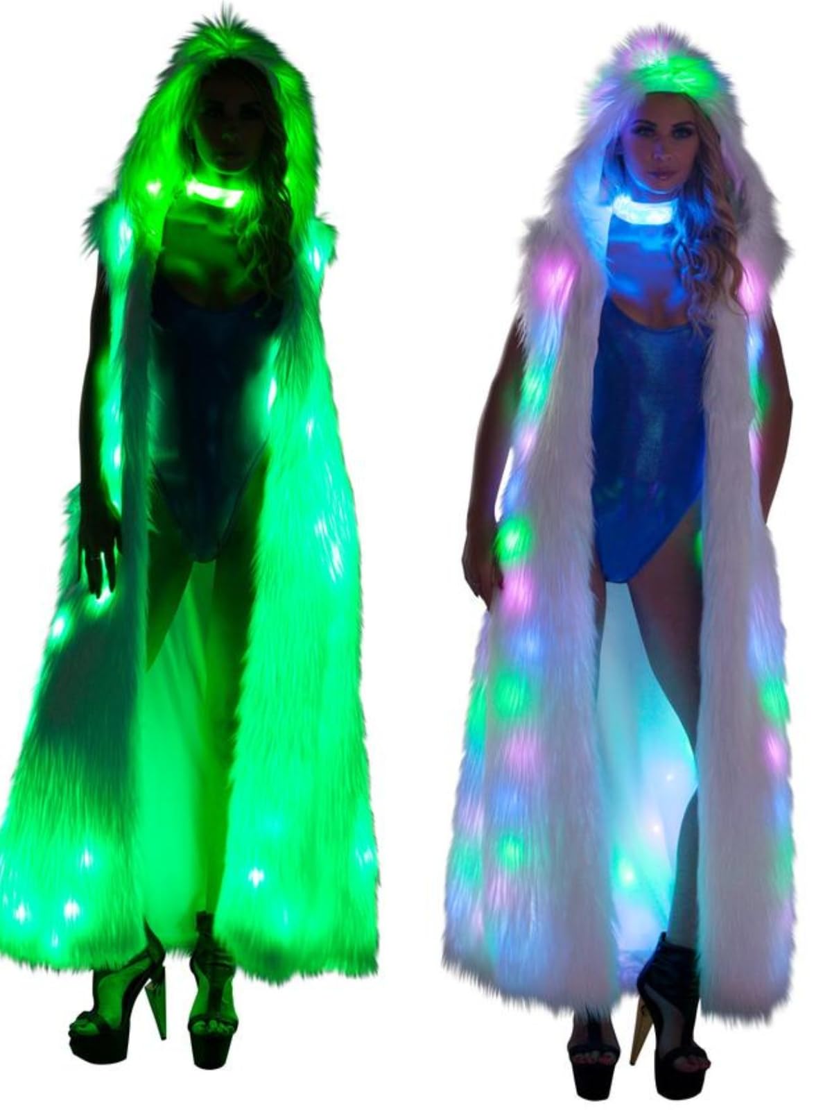 Glow in the Dark LED Fur Coat Jacket - Light Up Disco Rave Jacket for Women & Girls - EDM Party Costume & Festival Clothing - Perfect for Nightclubs, Concerts, Halloween & Rave Parties