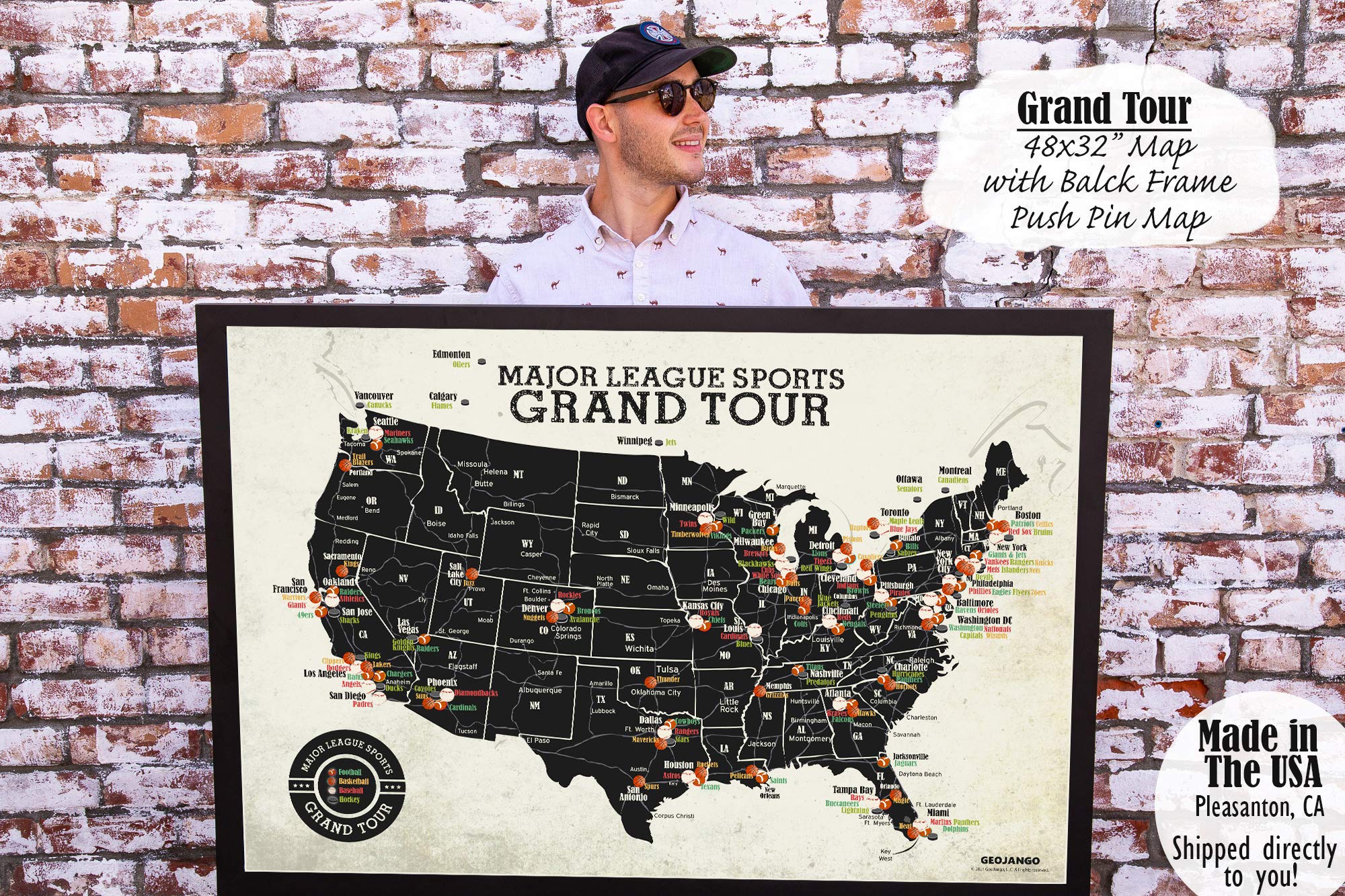 Grand Tour Sports Map - Professional MLB, NFL, NHL & NBA Stadium Locations | Framed Wall Decor with Push Pins | Perfect for Sports Fans, Man Cave & Game Room Decor