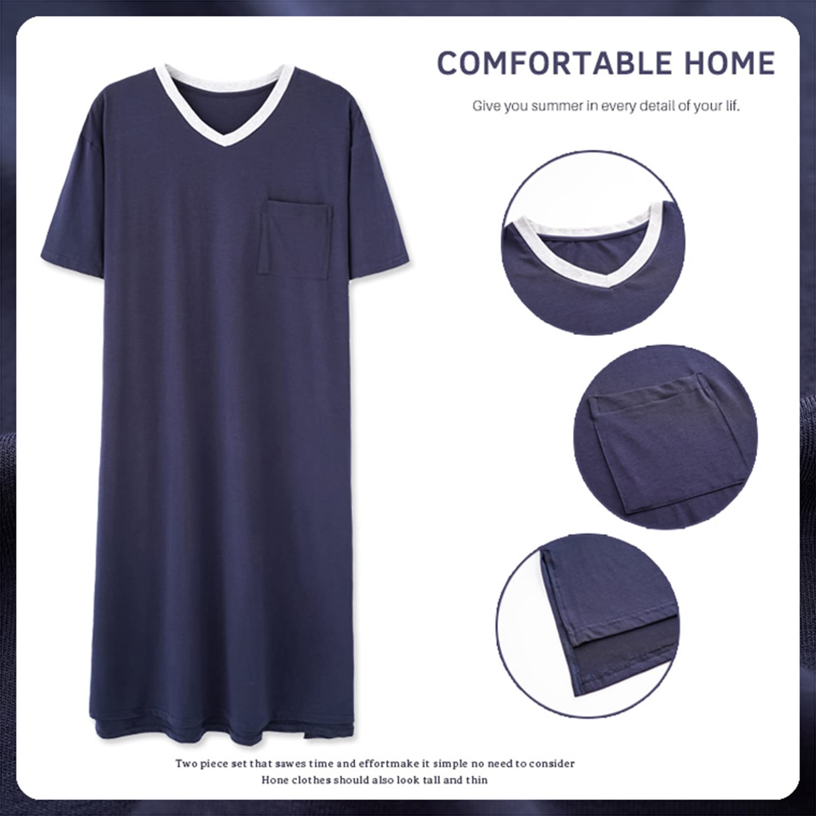 100% Cotton Men's Short Sleeve V-Neck Pajama Set - Breathable Knitted Nightshirt & Nightgown for Sleepwear, Lounge Wear and Home Relaxation