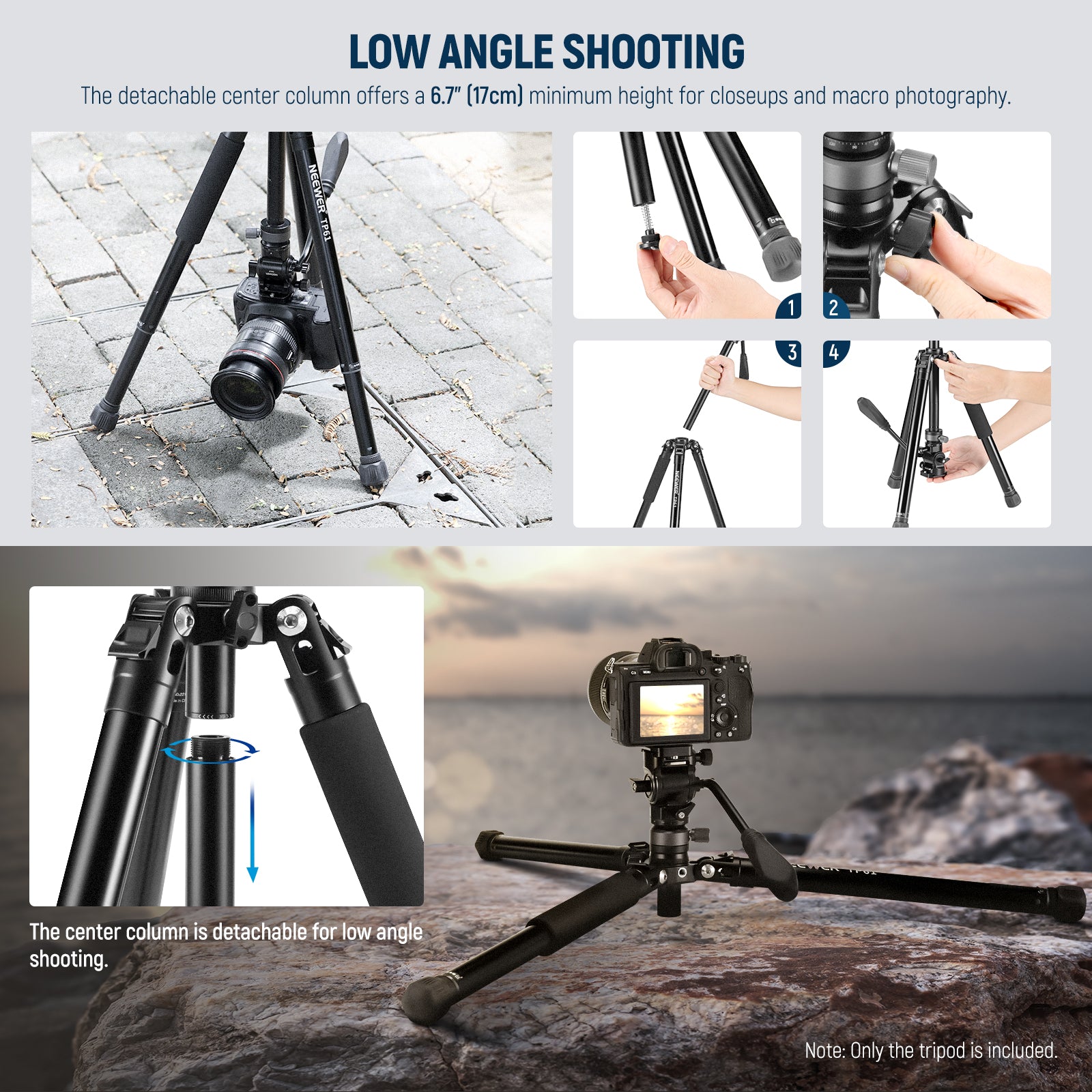 NEEWER TP61 Lightweight Aluminum Travel Tripod for DSLR Cameras - Compact & Portable for Vlogging, Photography, and Outdoor Adventures