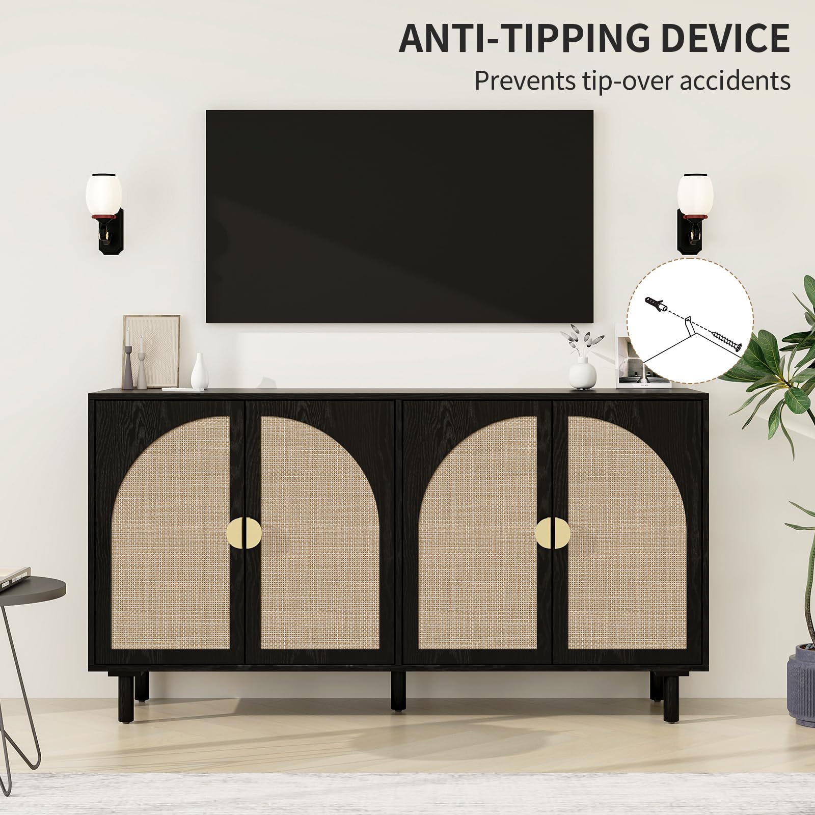 Modern Rattan Sideboard Buffet Cabinet with 4 Doors & 2 Adjustable Shelves - Stylish Boho Storage Console for Living Room, Kitchen, Dining Room - Perfect for Organizing Dishes, Linens & Home Decor (Black)