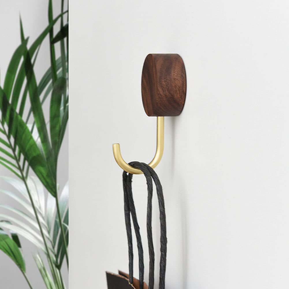 Lanebudd Set of 2 Round Black Walnut Brass Wall Hooks - Decorative Wooden Coat Hooks with Retro Copper Finish - Perfect for Entryway, Bedroom & Bathroom Organization