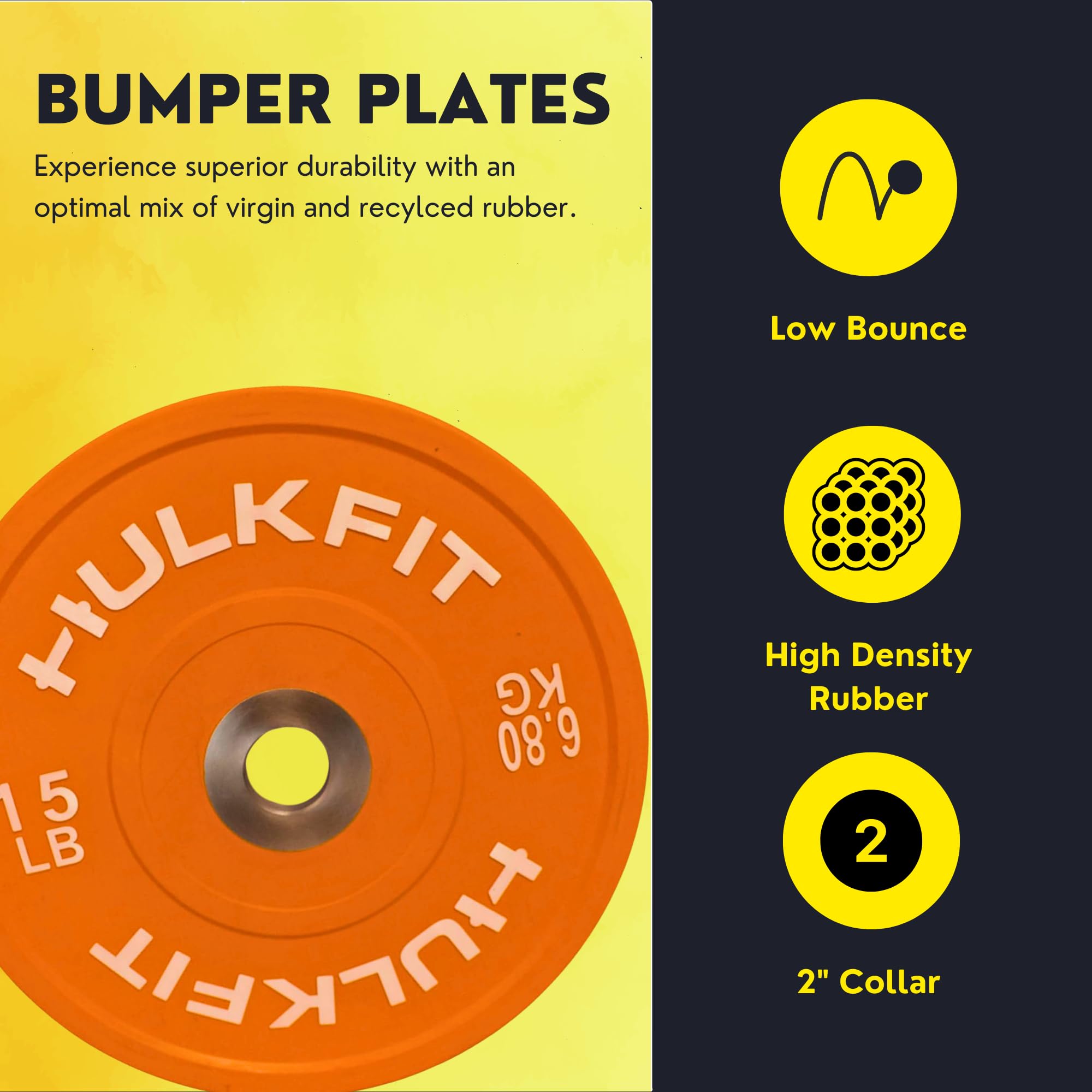 HulkFit 2-Inch Olympic Bumper Plates - Shock Absorbing Low Bounce Weight Plates for CrossFit, Powerlifting & Strength Training - Black & Multicolor - Perfect for Home Gyms & Commercial Fitness Centers