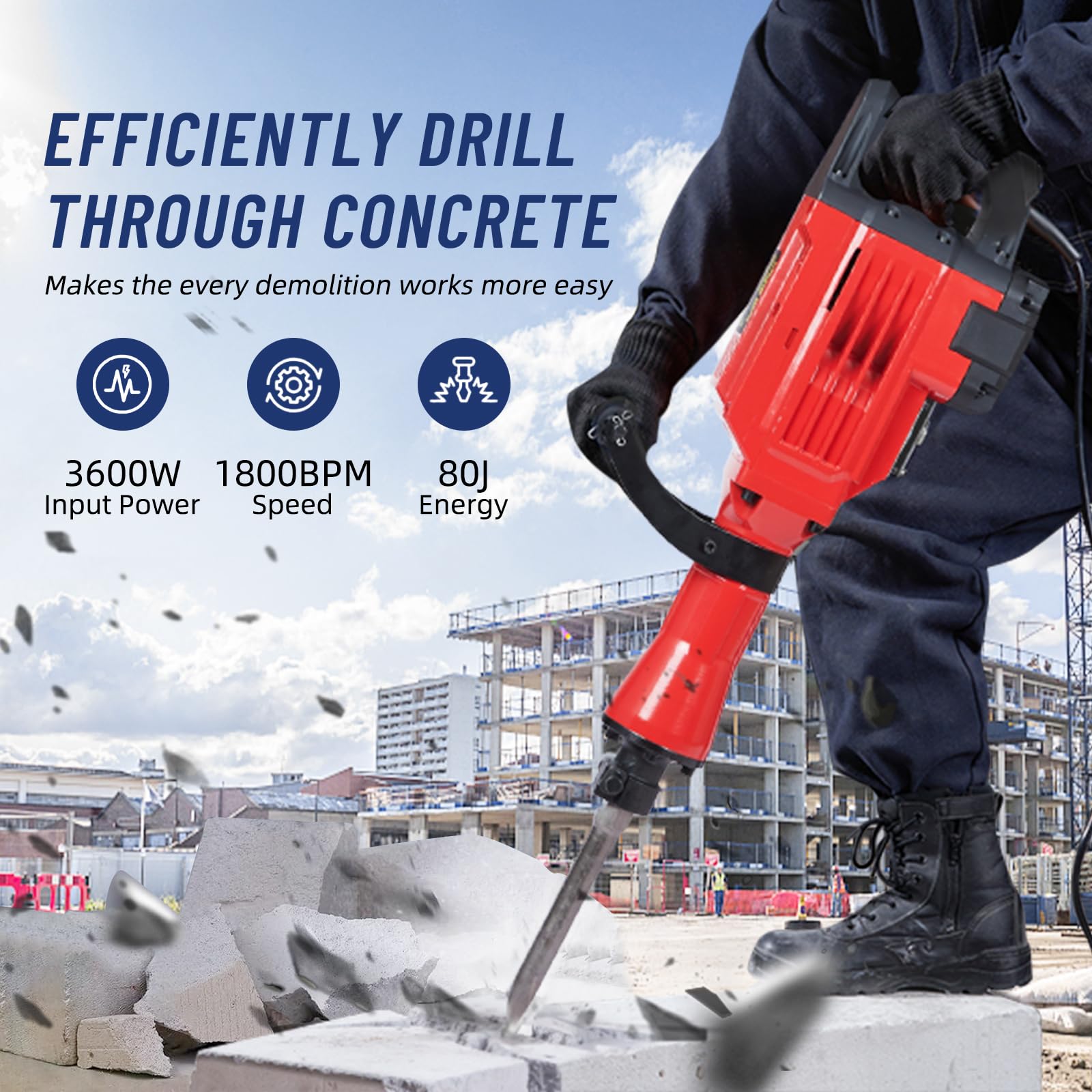 GARVEE 1700W Heavy Duty Demolition Jack Hammer - 1700 BPM Electric Demolition Tool with 3 Chisel Bits, Carrying Case & Safety Gloves - Perfect for Concrete Breaking, Trenching, and Construction Demolition Work