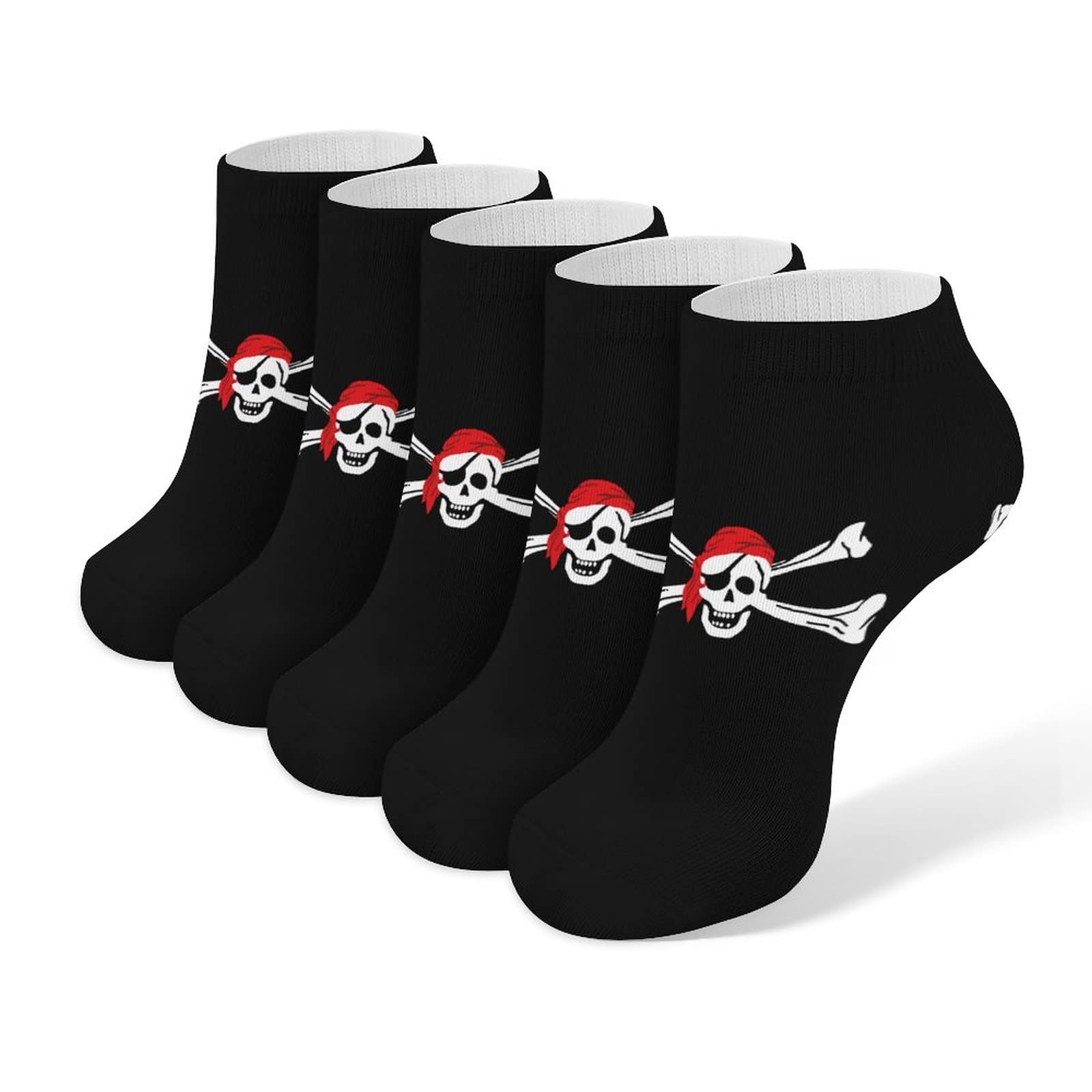 Skull Crossbones Pirate Flag Ankle Socks - 5 Pairs Low Cut Athletic Running Socks for Men & Women - Perfect for Halloween Costumes, Pirate Themed Parties & Casual Wear