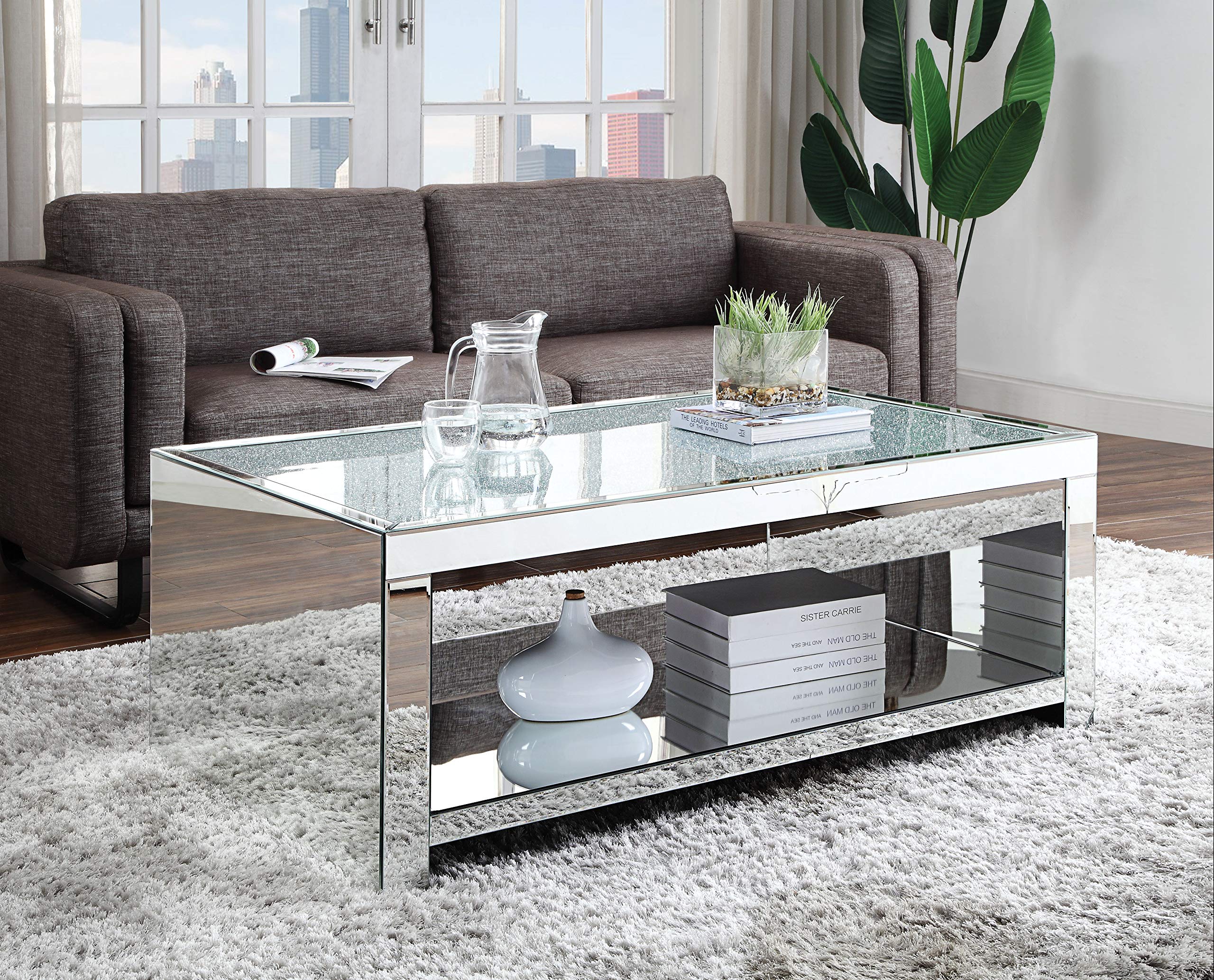 Benjara Modern Wood and Mirror Coffee Table with One Shelf - Clear Glass Top - Stylish Living Room Furniture for Home Decor