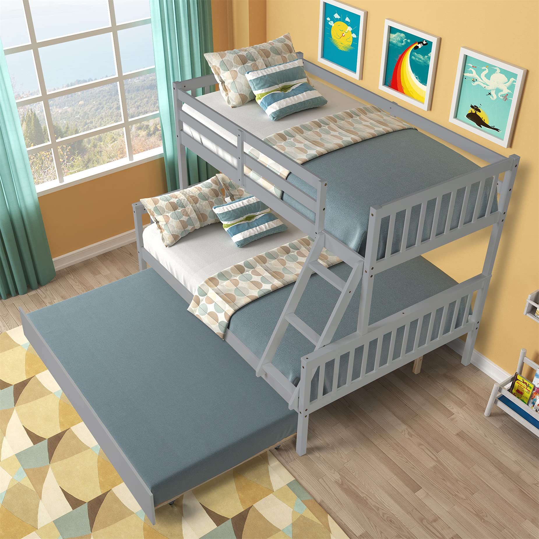 Twin Over Full Bunk Bed with Trundle - Sturdy Wooden Bunk Beds with Ladder & Safety Guardrails - Space-Saving Convertible Bunk Bed for Kids & Teens (Gray) - Perfect for Small Bedrooms, Guest Rooms & Vacation Homes