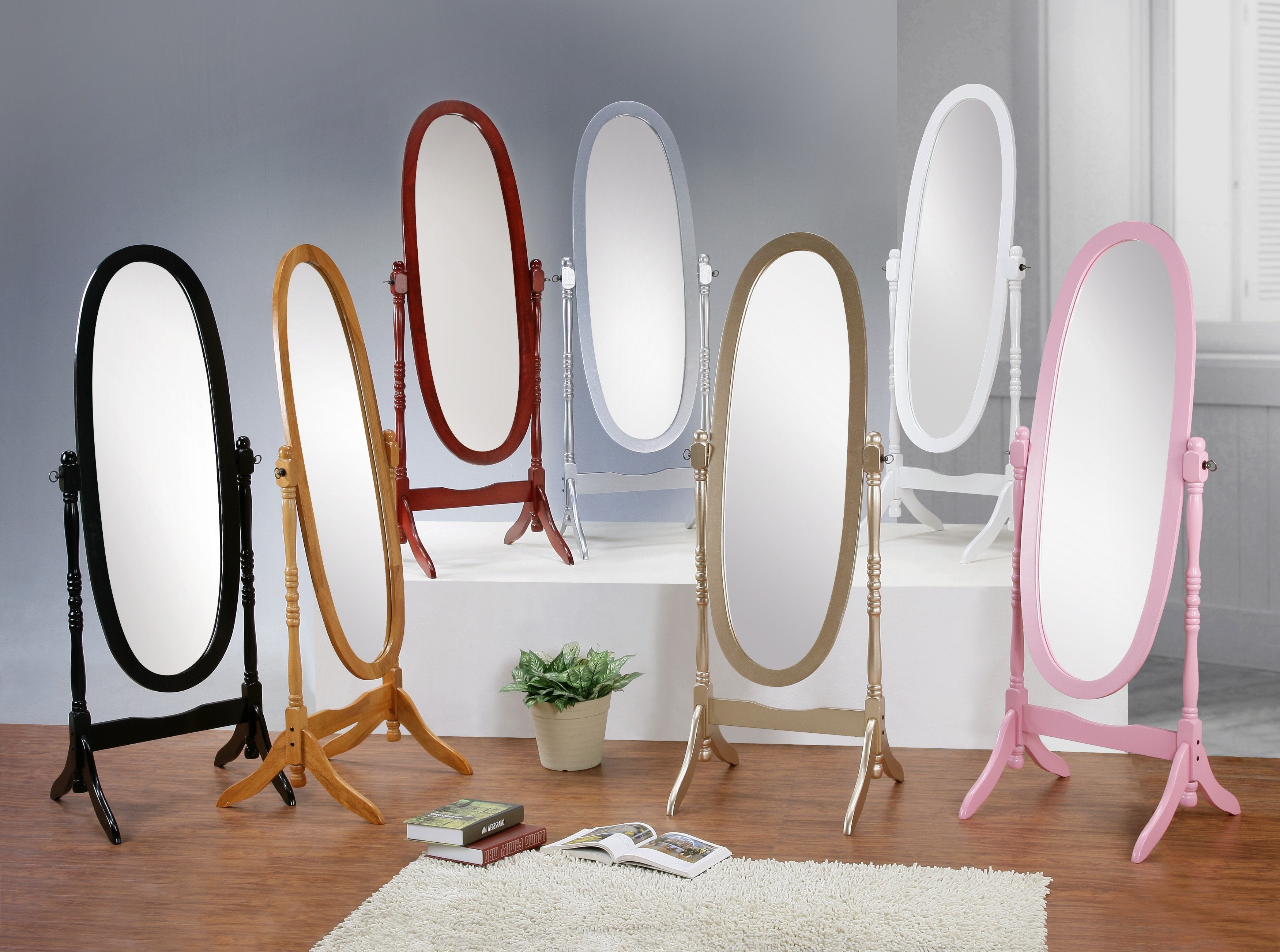 Roundhill Furniture Traditional Queen Anne Style Wood Floor Cheval Mirror with Pink Finish - Elegant Full-Length Mirror for Bedroom, Dressing Room & Entryway Decor