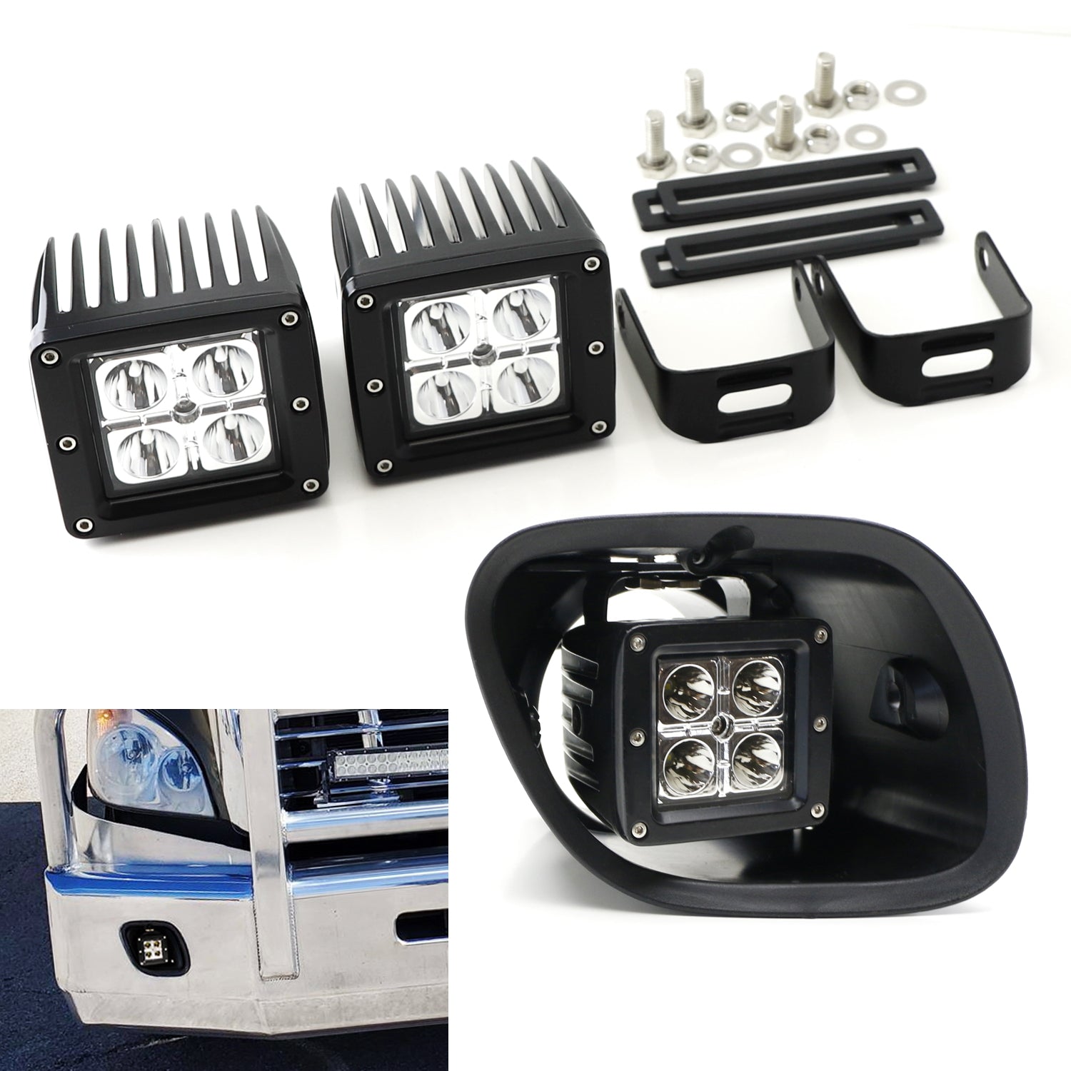20W LED Pod Fog Light Kit with Brackets & Wiring Harness - Compatible with 2008-2017 Freightliner Cascadia Trucks - Off-Road, Foggy Weather & Night Driving Safety Lights