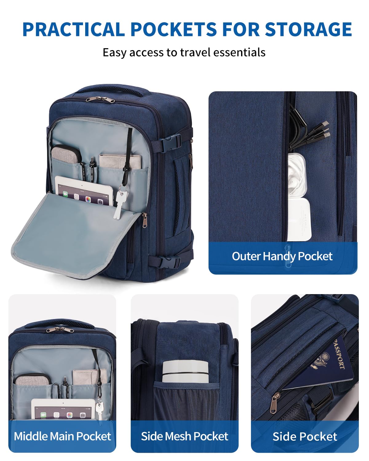 WANDF Expandable 17 Inch Laptop Backpack - Airline Approved Carry-On Bag 18x14x8 with Water-Resistant Pocket for Men & Women (Navy Blue) - Perfect for Travel, Work & School