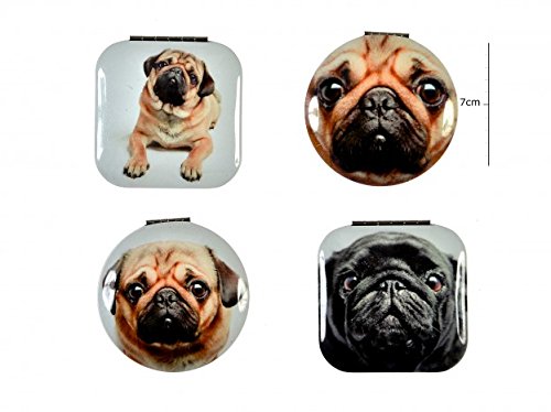 Homestreet Pug Mirror - Double Sided Compact Mirror with Normal & Magnifying Side - 4 Cute Pug Designs - Perfect for Purse, Travel, Makeup & Gifts