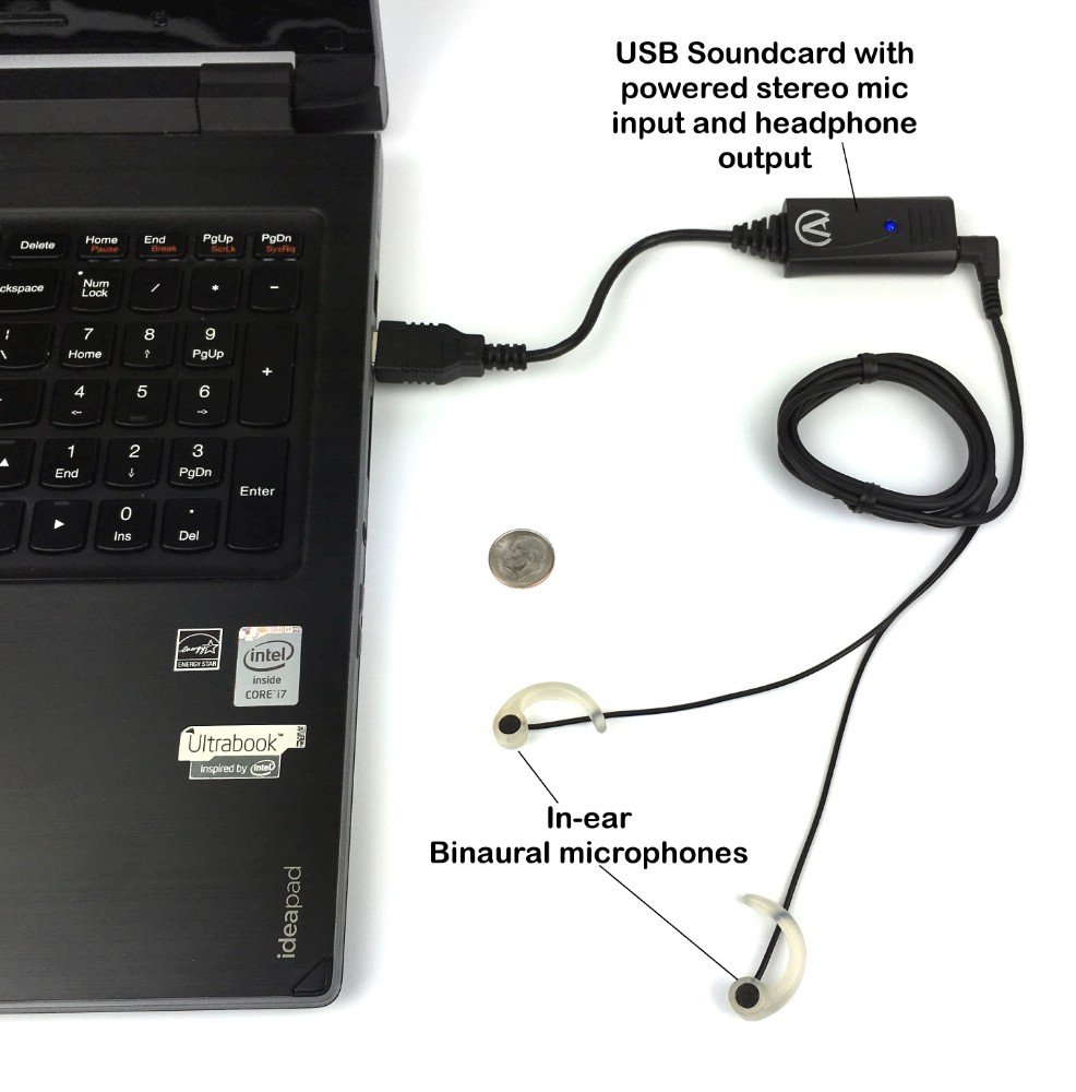 Ultra Low Noise In-Ear Binaural Microphones by Sound Professionals - Premium Bundle with USB Soundcard (MS-TFB-2-USB, ANDREA-USB-SA) - Perfect for Podcasting, ASMR Recording & Field Interviews