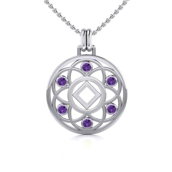 Flower of Life Sterling Silver Recovery Pendant with AA or NA Symbol & Genuine Gemstone - Spiritual Healing Jewelry for 12-Step Programs, Sobriety Gifts, and Meditation Accessories
