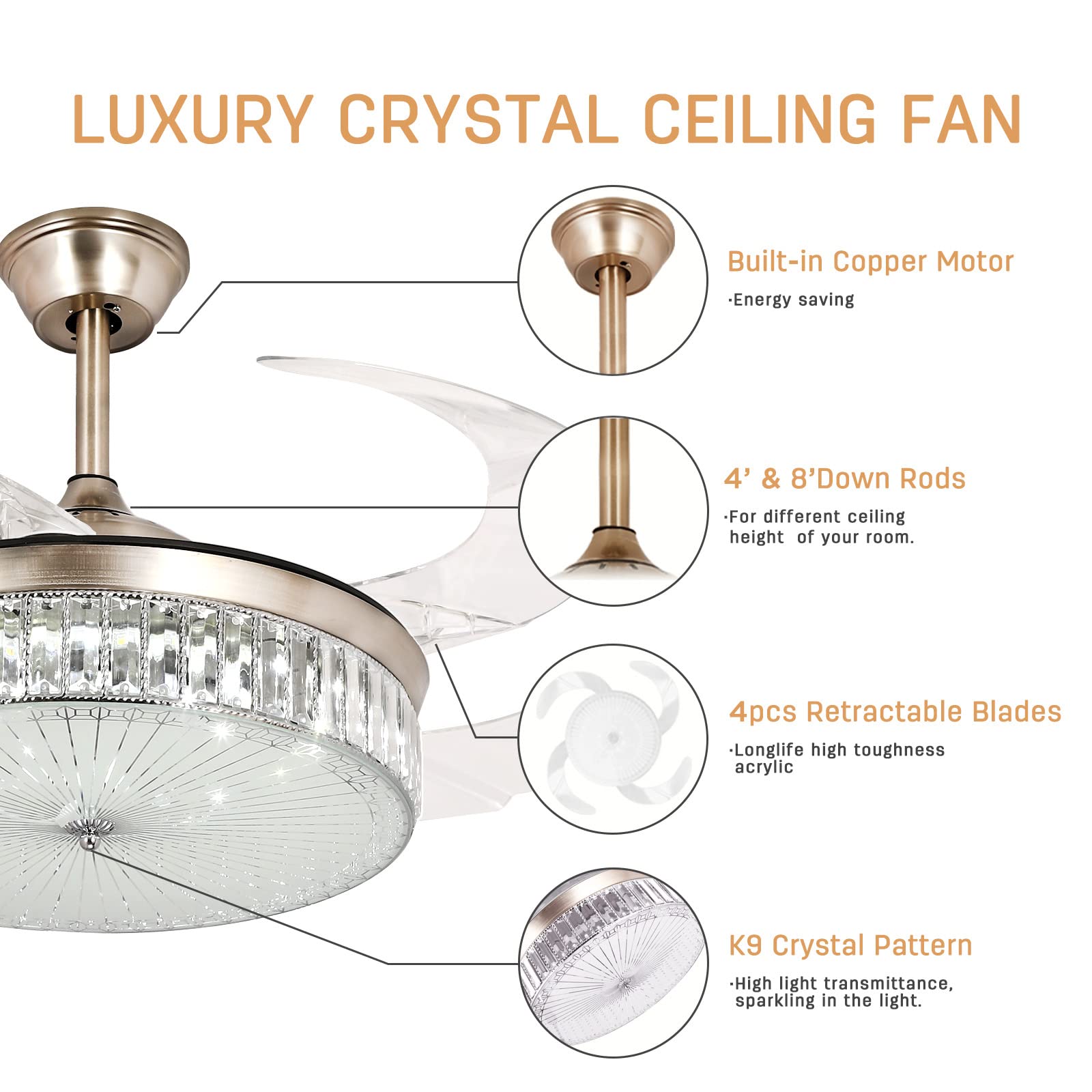 STERREN 42 Inch Crystal Bladeless Ceiling Fan with LED Light - Modern Retractable Flush Mount Low Profile Chandelier Fan with Remote Control - Perfect for Bedroom, Living Room, Dining Room & Office Spaces
