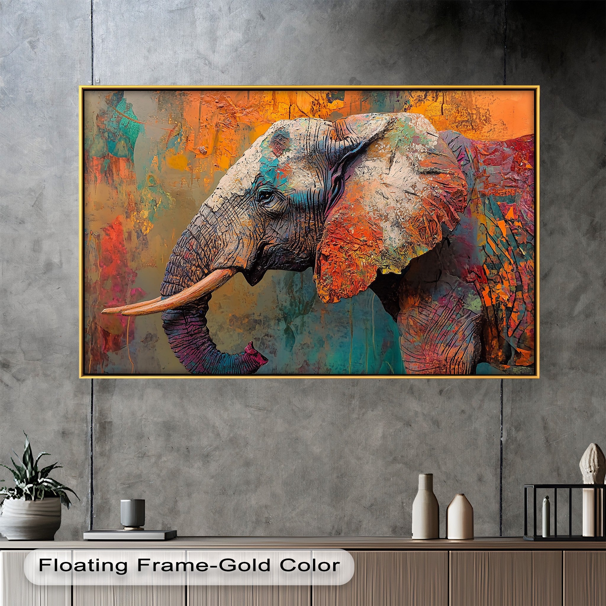 Vibrant Elephant Oil Painting on Canvas - Handmade Framed Wall Art for Living Room, Bedroom & Office Decor