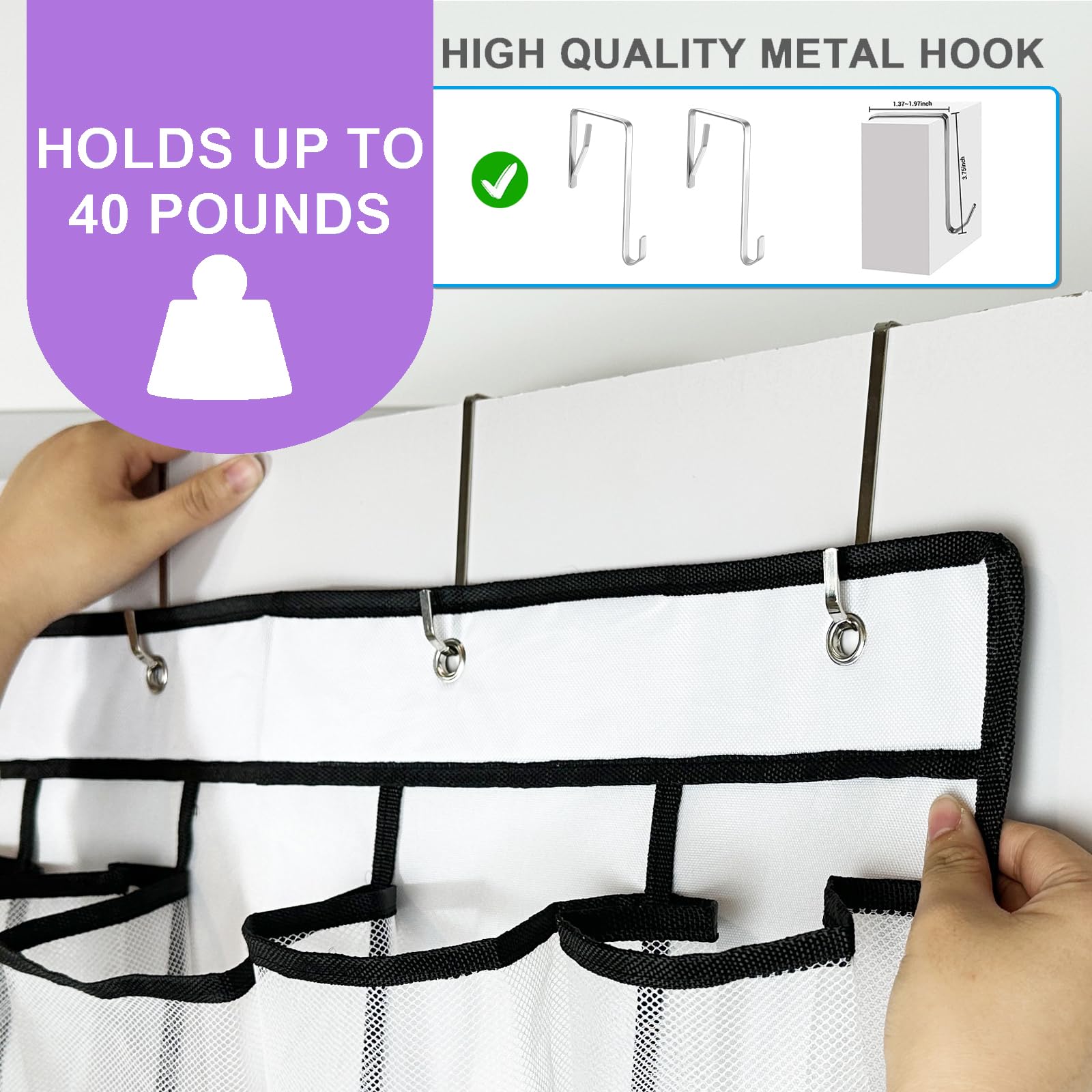 35-Pocket Over The Door Shoe Organizer - Heavy Duty Oxford Fabric Hanging Shoe Rack for Closet & Wall Storage - Mesh Shoe Holder for Men & Women (White) - Perfect for Small Spaces, Dorm Rooms & Apartment Organization