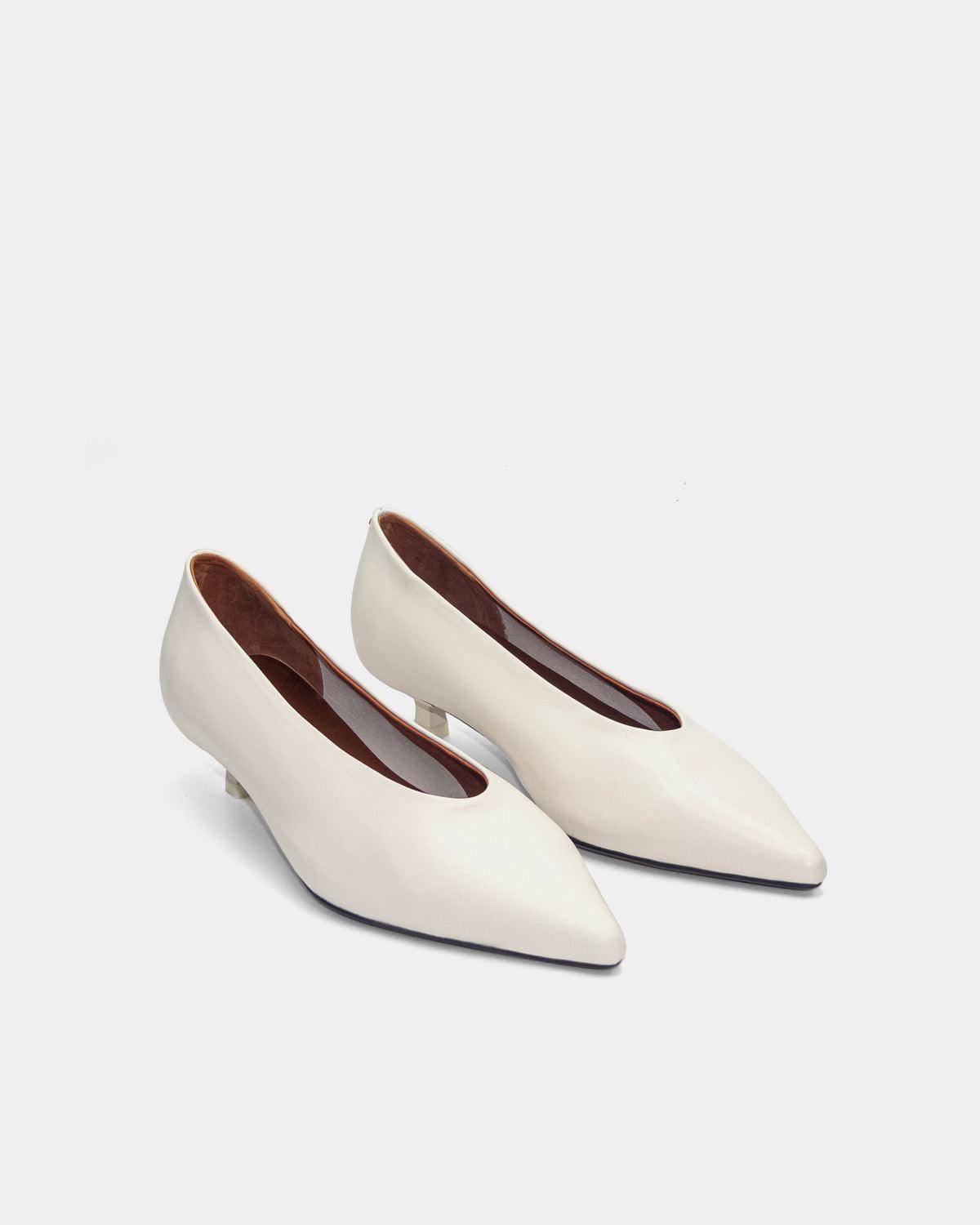 Elegant White Calfskin Leather Kitten Heel Pumps for Women - Perfect for Office, Wedding & Evening Events