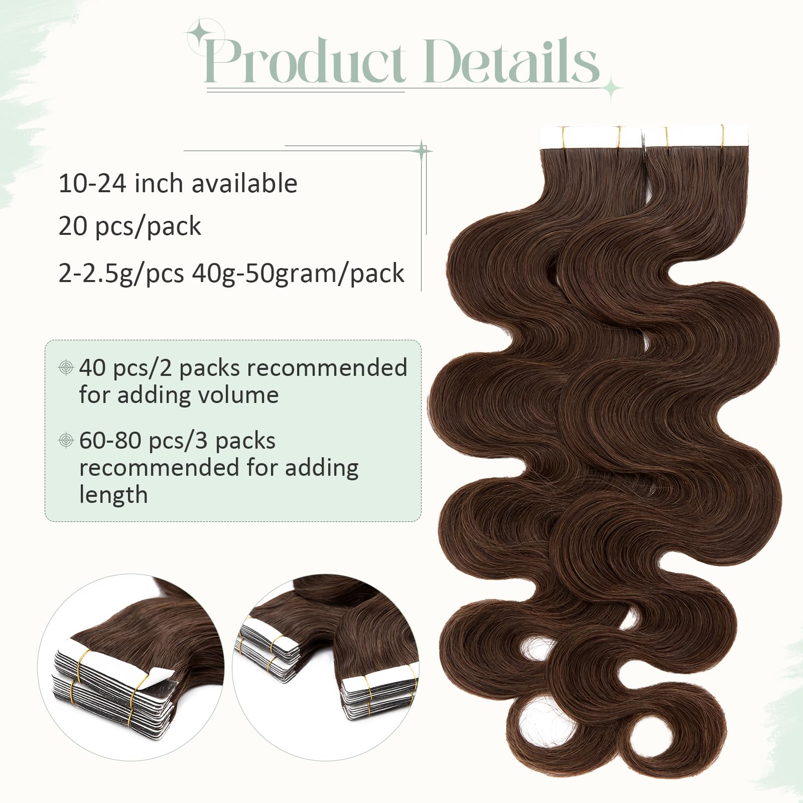 40pcs 100g Tape in Hair Extensions 100% Remy Human Hair - Balayage Medium Brown #04, Seamless Skin Weft, 22 Inch Curly Wavy Extensions for Volume & Length | Perfect for Parties, Weddings & Daily Styling