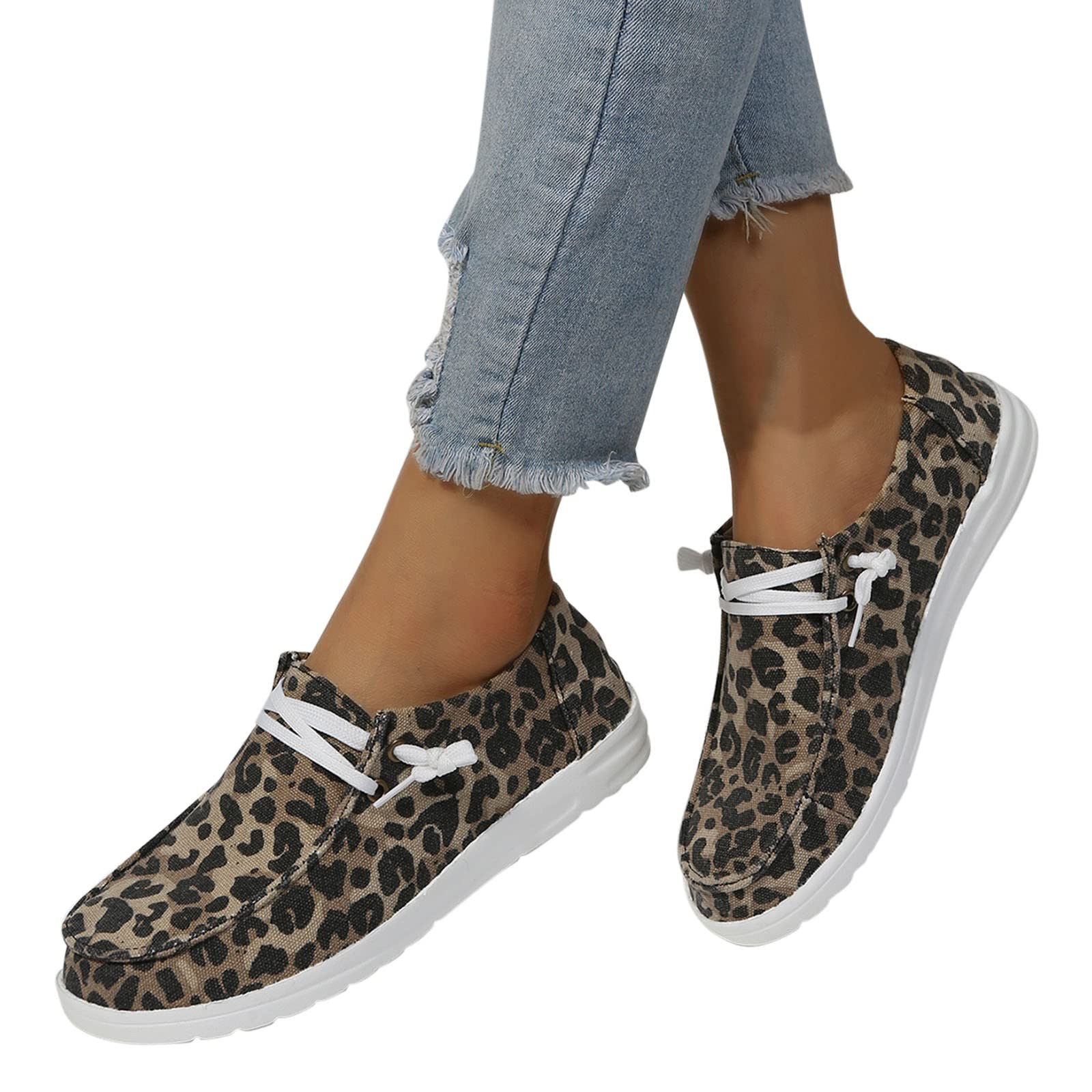 Women's Fashion Sneakers - Leopard Print Non-Slip Flat Round Toe Breathable Lace-Up Casual Shoes for Walking, Running & Everyday Wear (Brown, Size 7) | Comfortable & Stylish for Work, Travel & Outdoor Activities