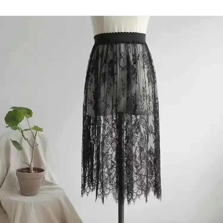 Elegant Black and White Lace High Waist Midi Skirt - Long Tulle Skirt with Elastic Waistband for Women - Perfect for Beach, Wedding, Party & Formal Occasions