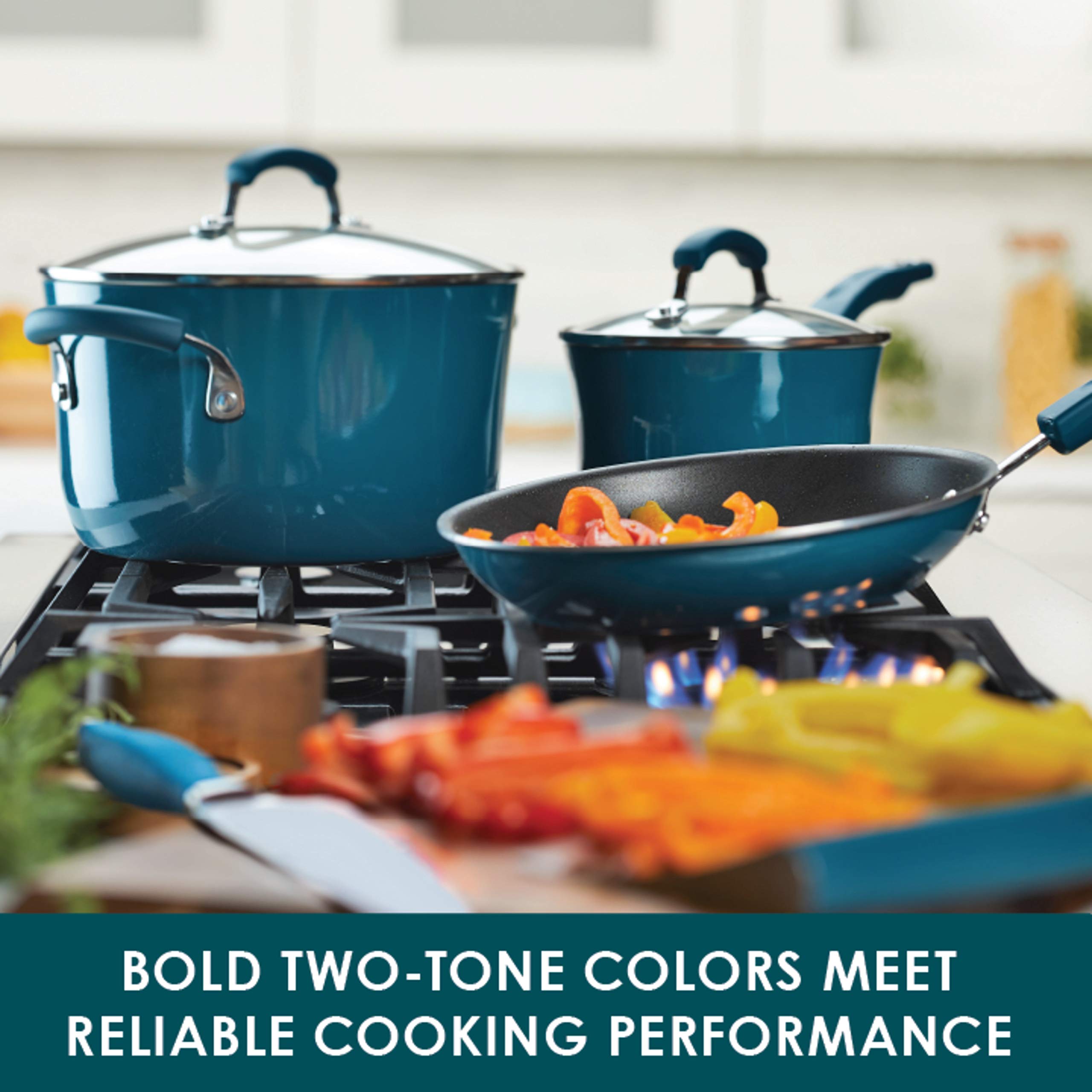 Rachael Ray Brights Nonstick Cookware Set - 10-Piece Pots and Pans in Marine Blue | Durable Kitchen Essentials for Baking, Frying & Everyday Cooking