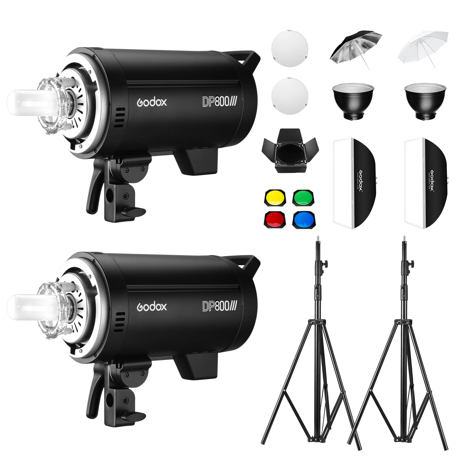 Godox 2-Pack DP800III Studio Flash Strobe Light Kit with Bowens Mount - Professional Monolight for Photography, Portrait & Video - Includes Light Stand, Softbox, Umbrella & Barn Door Kit - Perfect for Studio, Outdoor & Event Lighting