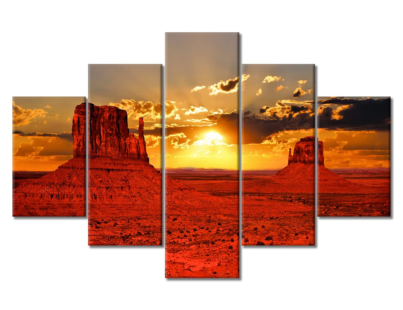 Monument Valley Sunrise Landscape Canvas Wall Art - 5 Piece Framed Ready to Hang Wall Decor for Living Room, Bedroom & Bathroom (60''W x 40''H) - Perfect for Southwestern Home Decor & Desert Themed Interior Design