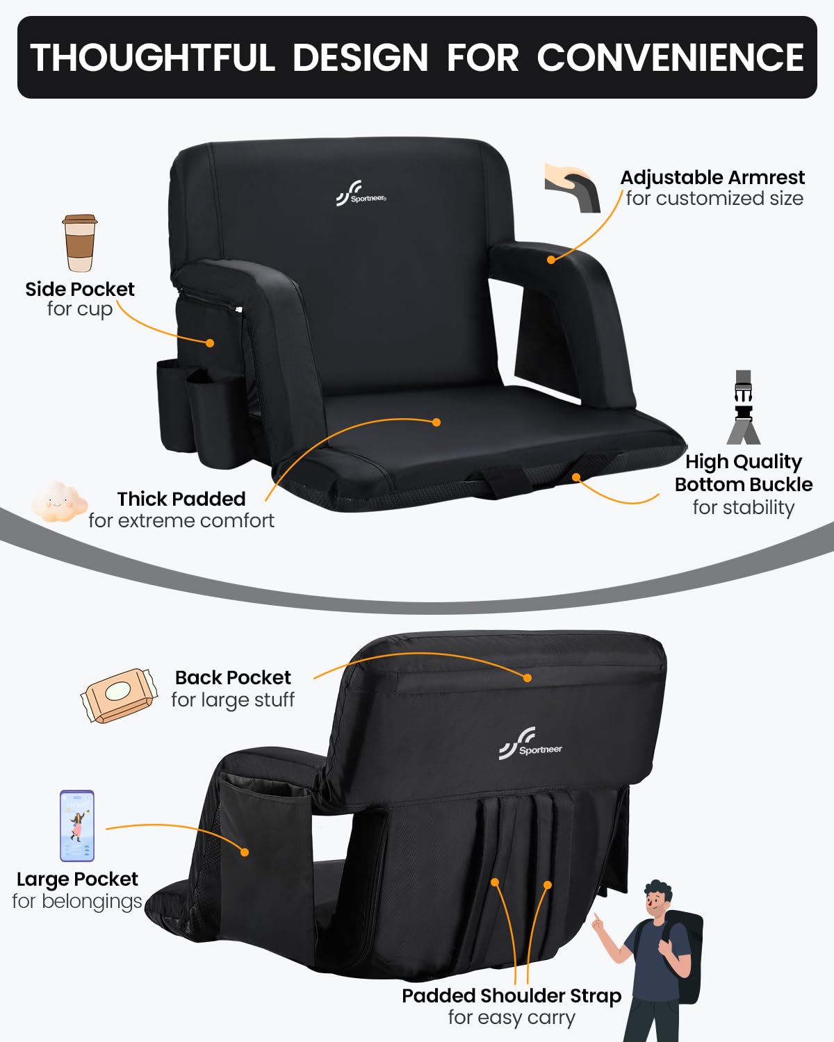 Sportneer Extra Wide Stadium Seats with Back Support - 2 Pack Padded Bleacher Chairs with Armrests & 6 Reclining Positions - Comfortable Folding Stadium Seating for Sports Events, Camping, Concerts & Outdoor Activities
