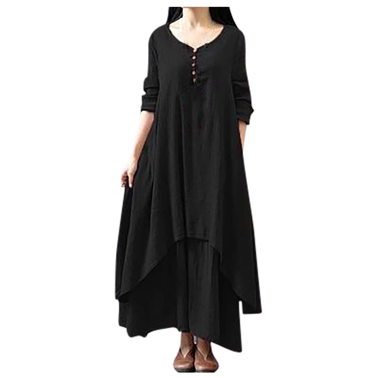Elneeya Women's Summer V-Neck Long Sleeve Cotton Linen Dress - Retro Asymmetrical Swing Maxi Dress for Casual, Party & Beach Wear