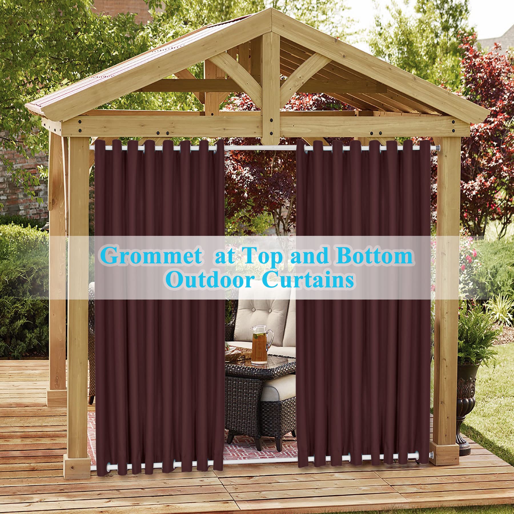 Frelement Extra Wide Outdoor Curtains - Windproof & Privacy Protection - Rustproof Grommet Drapes for Gazebo, Pergola, Patio - Indoor/Outdoor Use - Burgundy (120