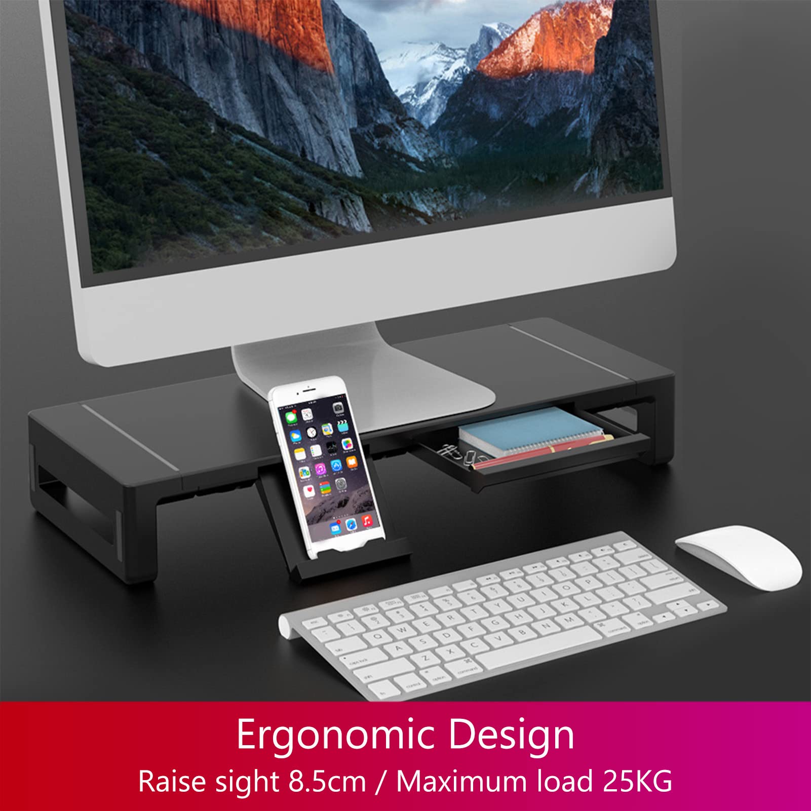 Akozon Adjustable RGB Monitor Stand Riser with USB 3.0 Charging, Foldable Desktop Organizer with Storage Box & Phone Holder for PC, Laptop, and Computer - Perfect for Home Office and Gaming Setups