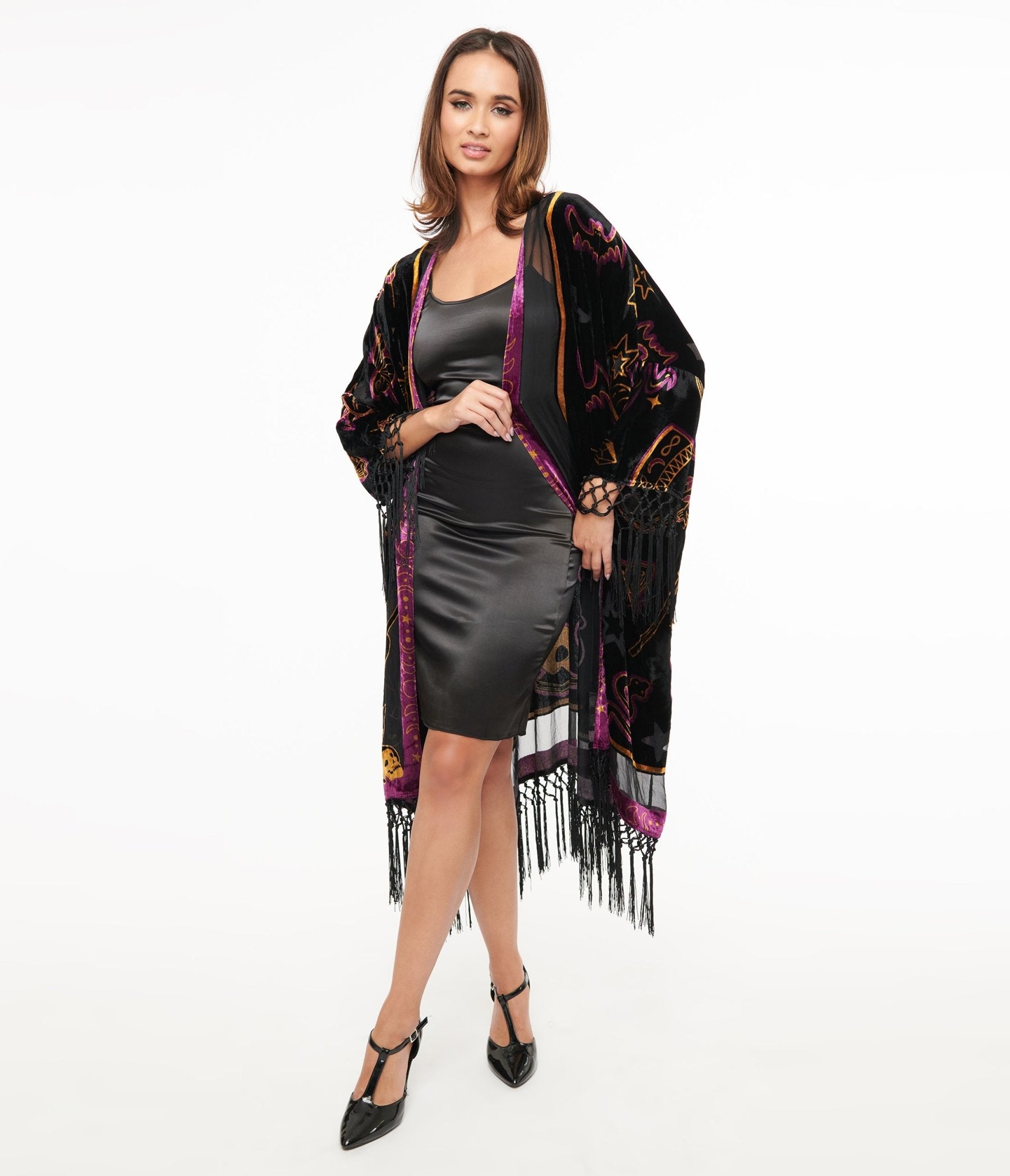 Vintage 1920s Black Velvet Burnout Kimono with Mystical Icons & Fringe Trim - Retro Flapper Costume for Halloween, Gatsby Parties & Boho Fashion