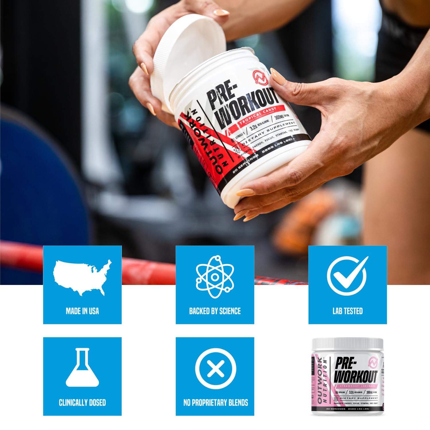 Outwork Nutrition Pre-Workout Powder for Men & Women - Caffeine, Citrulline Malate, Beta Alanine Supplement - No Creatine, with Nootropic Boost from Taurine & Rhodiola - Strawberry Lemonade Flavor - Ideal for Gym, Weightlifting & Energy Before Workouts